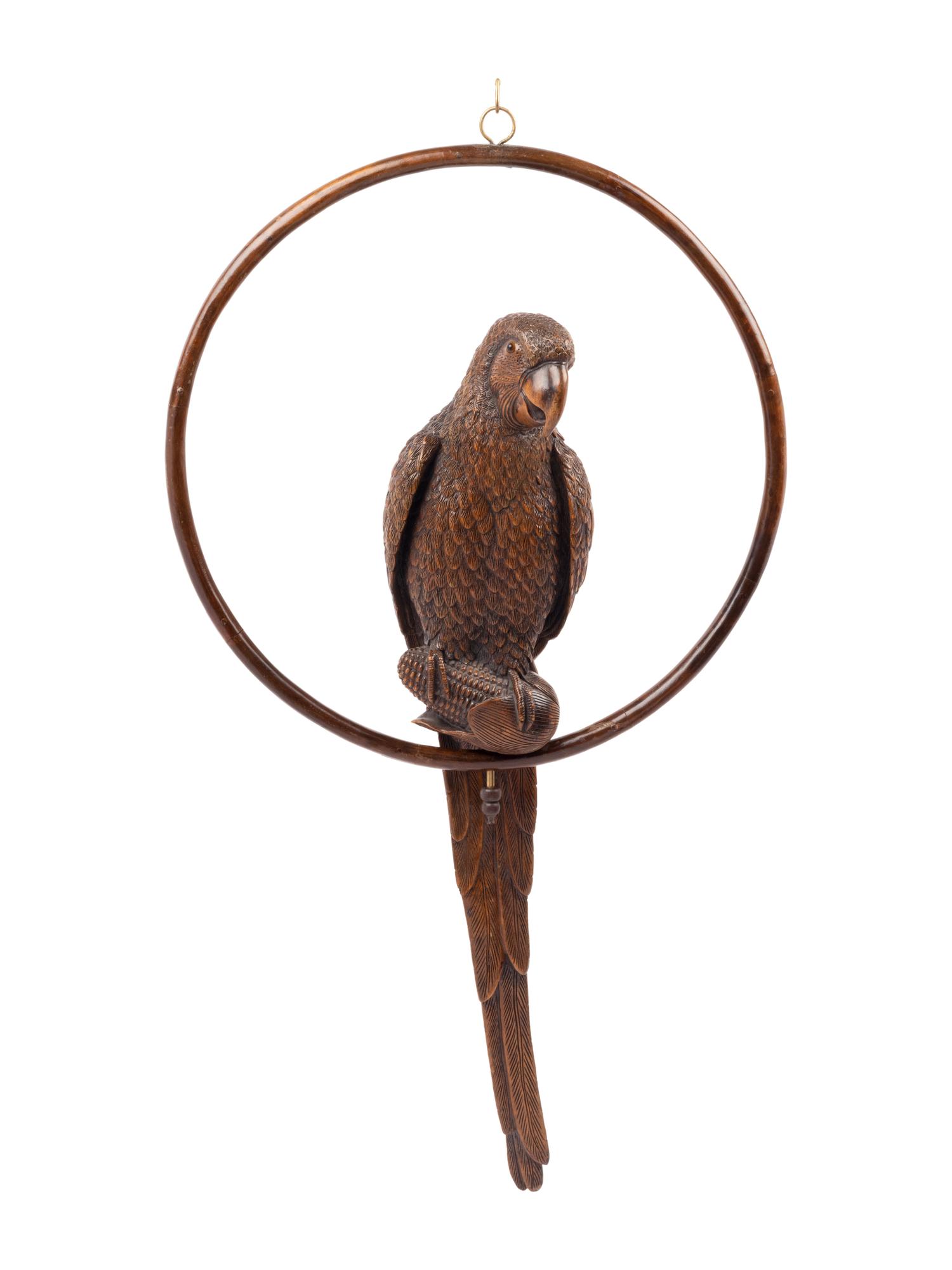 A Black Forest Carved Parrot on Ring Perch Ornament