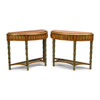 A Pair of Italian Neoclassical Style Painted and Parcel Gilt Marble-Top Console Tables