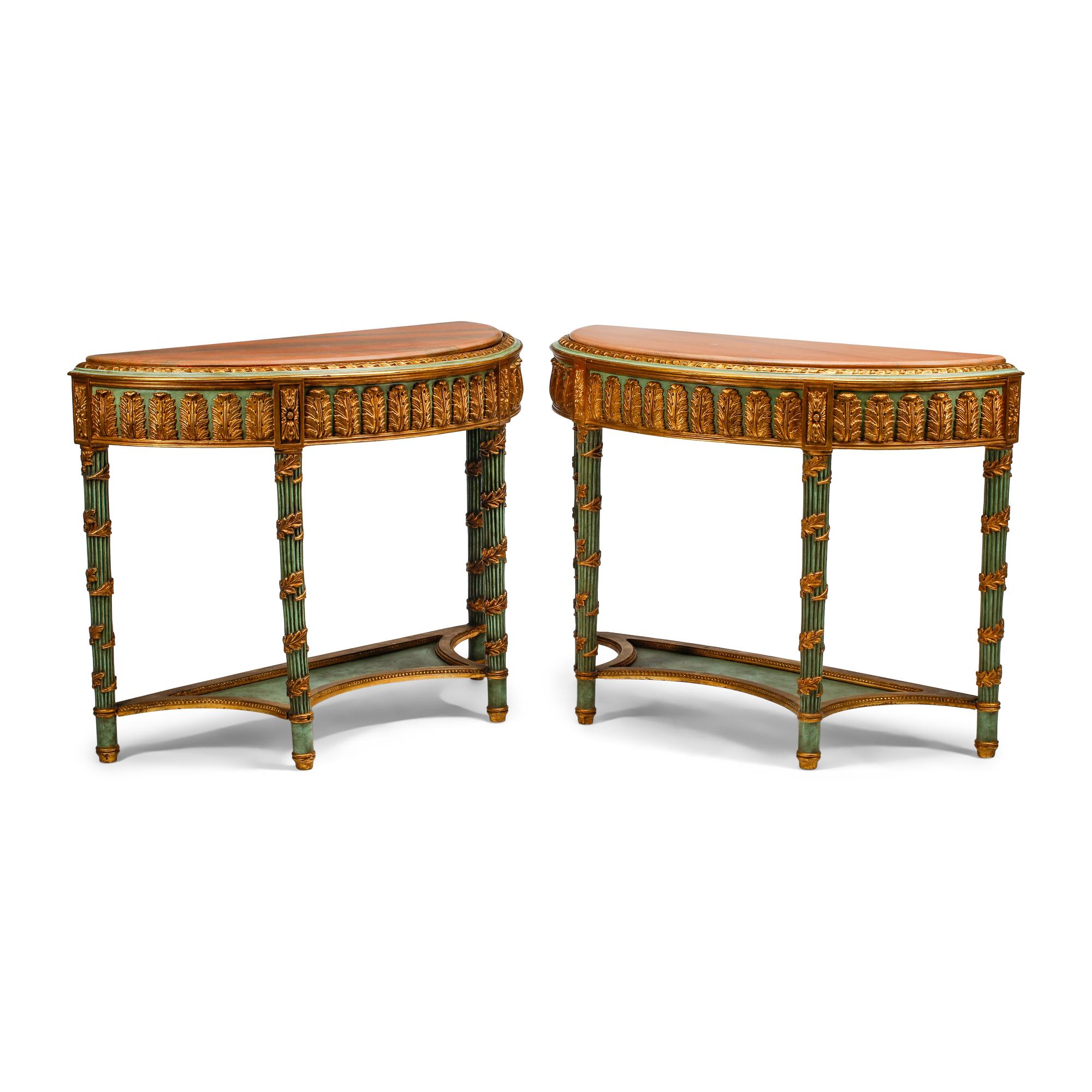 A Pair of Italian Neoclassical Style Painted and Parcel Gilt Marble-Top Console Tables