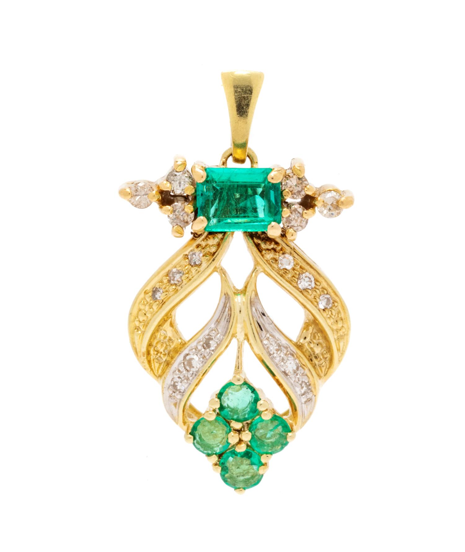 A Yellow Gold, Emerald and Diamond Pendant,