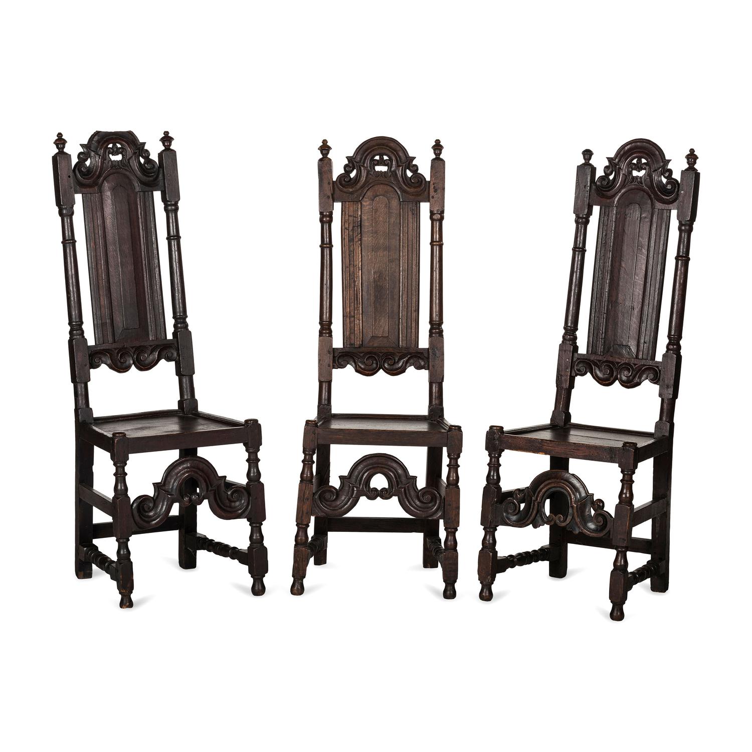 Three English Carved Oak Paneled Back Side Chairs