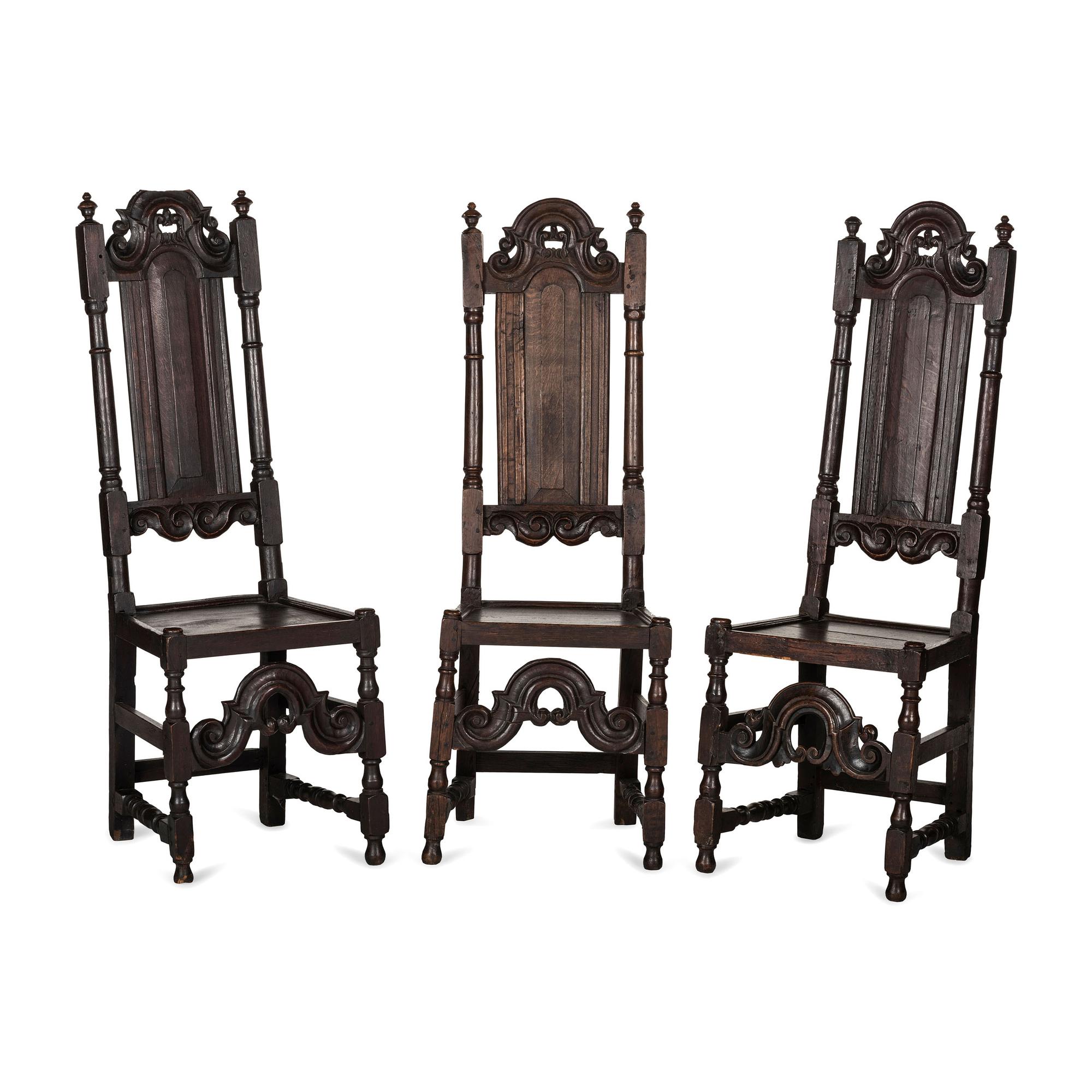 Three English Carved Oak Paneled Back Side Chairs