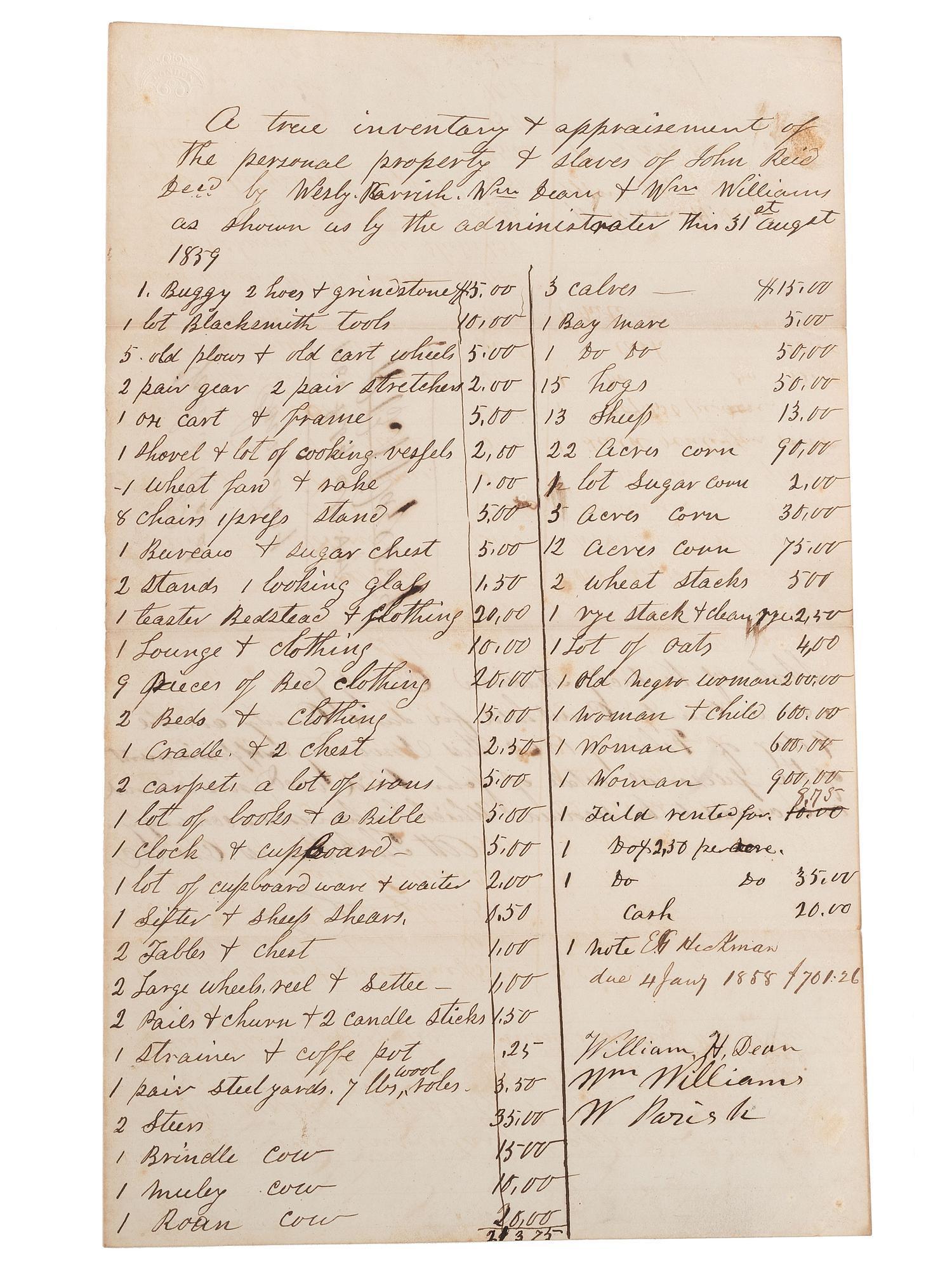 [SLAVERY & ABOLITION]. Manuscript inventory of plantation property and enslaved individuals from the estate of John Reid, Madison County, KY, 31 August 1859.