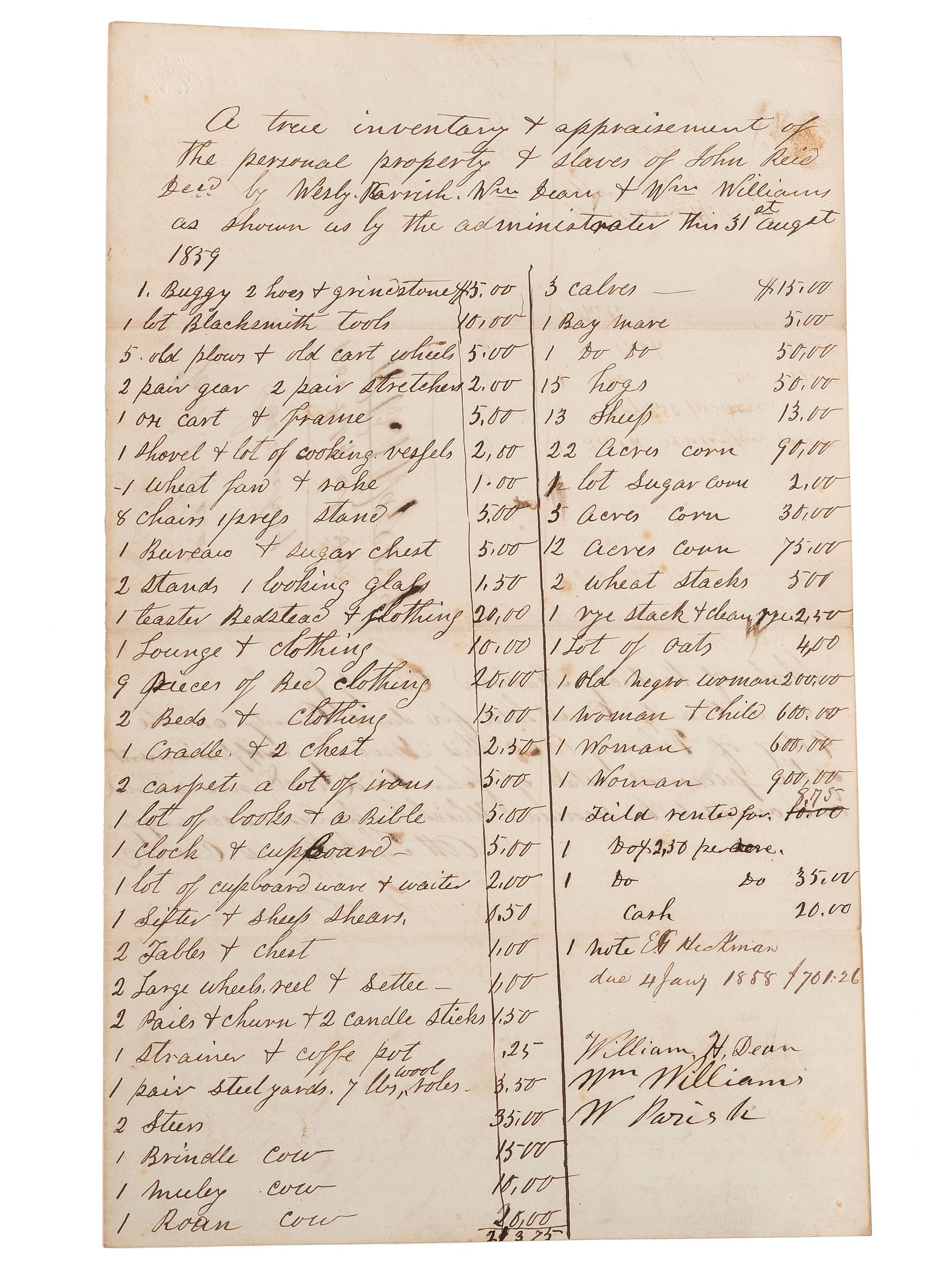 [SLAVERY & ABOLITION]. Manuscript inventory of plantation property and enslaved individuals from the estate of John Reid, Madison County, KY, 31 August 1859.