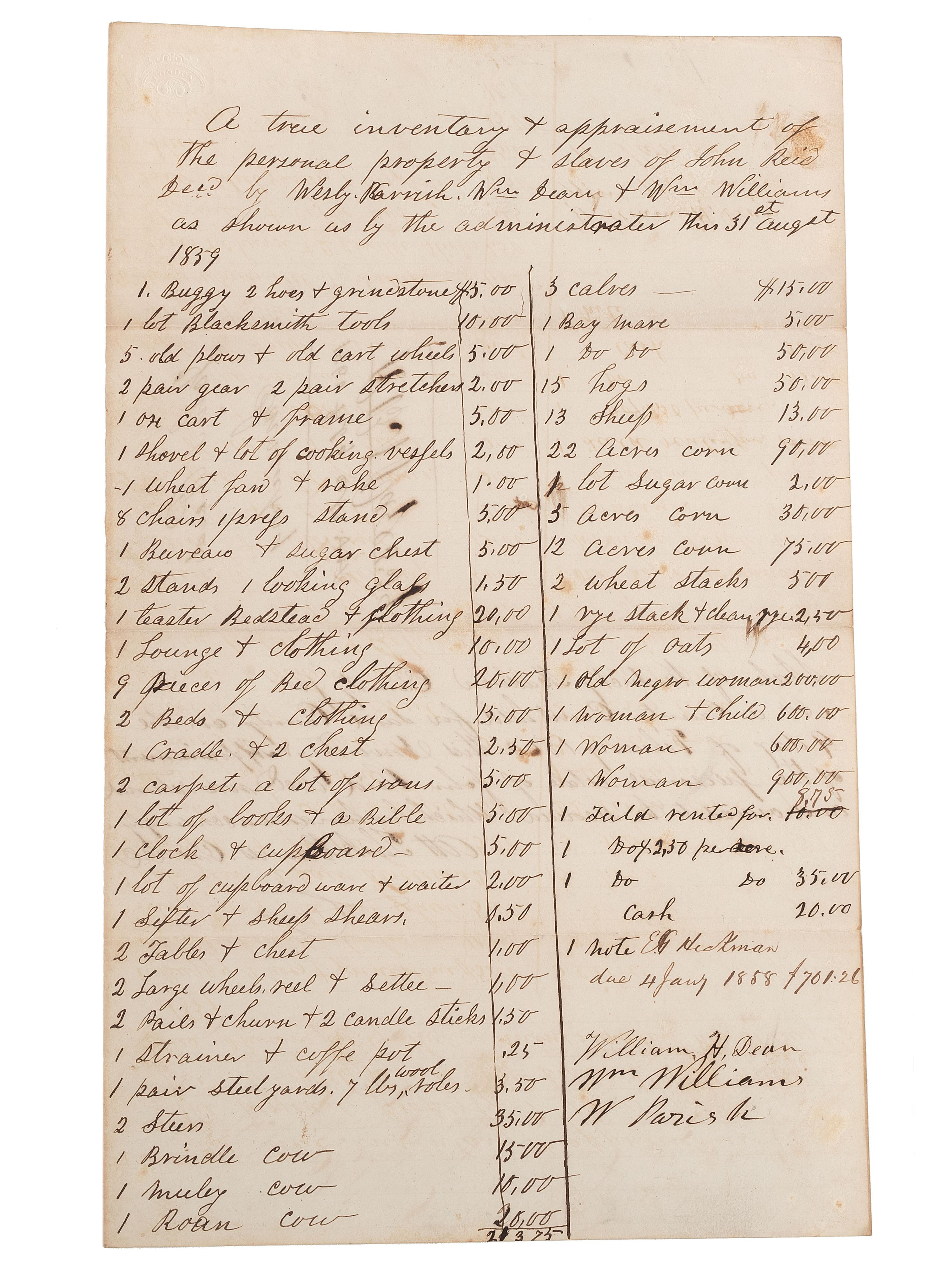 [SLAVERY & ABOLITION]. Manuscript inventory of plantation property and enslaved individuals from the estate of John Reid, Madison County, KY, 31 August 1859.