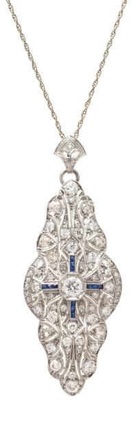 An Art Deco Platinum, Diamond and Sapphire Pendant/Brooch, 7.85 dwts.