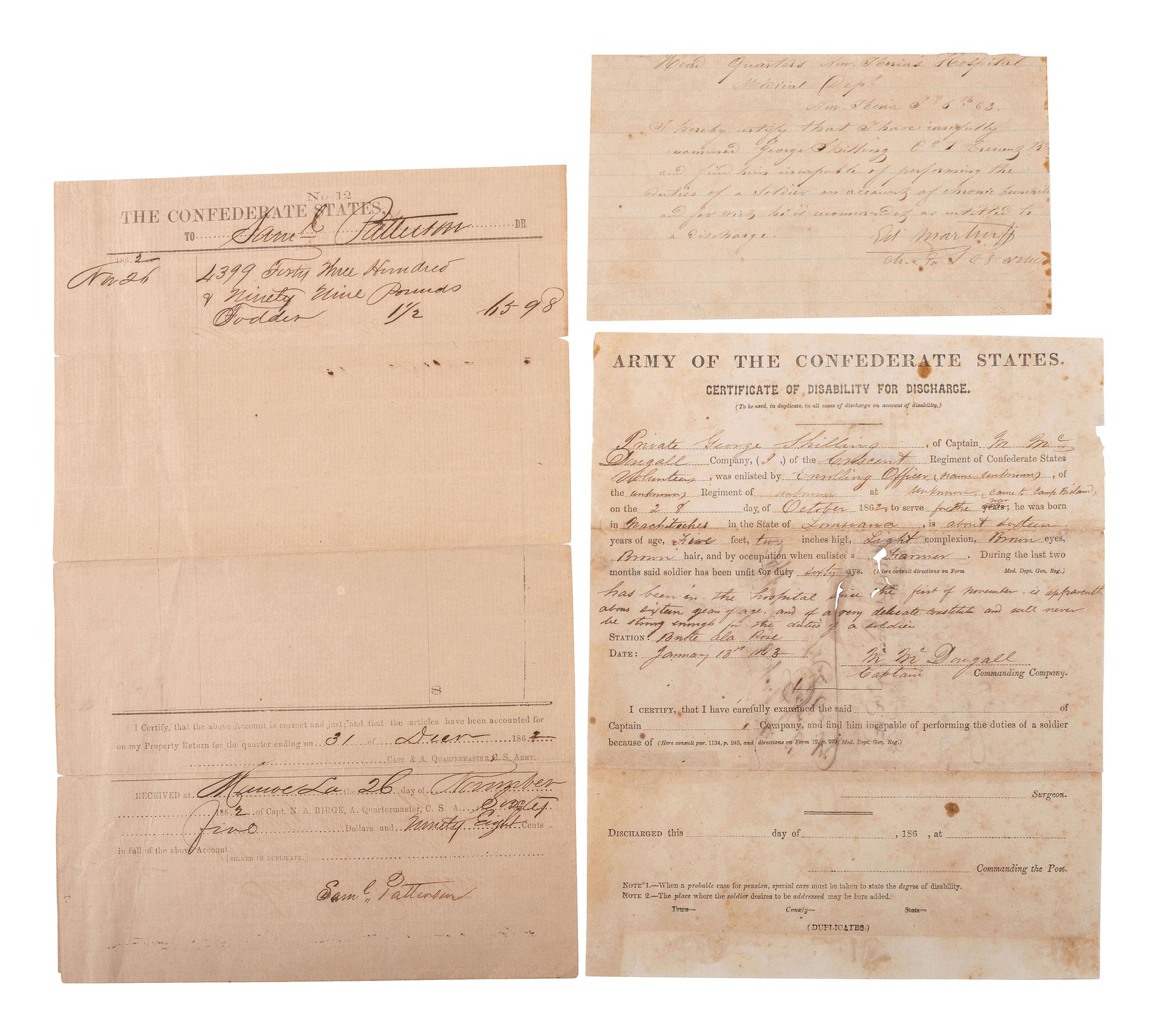 [CIVIL WAR]. Documents associated with Louisiana militia and Confederate Crescent regiments, plus.