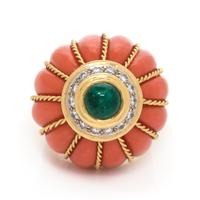 An 18 Karat Yellow Gold, Coral, Emerald and Diamond Bombe Ring, Italian, 20.50 dwts.
