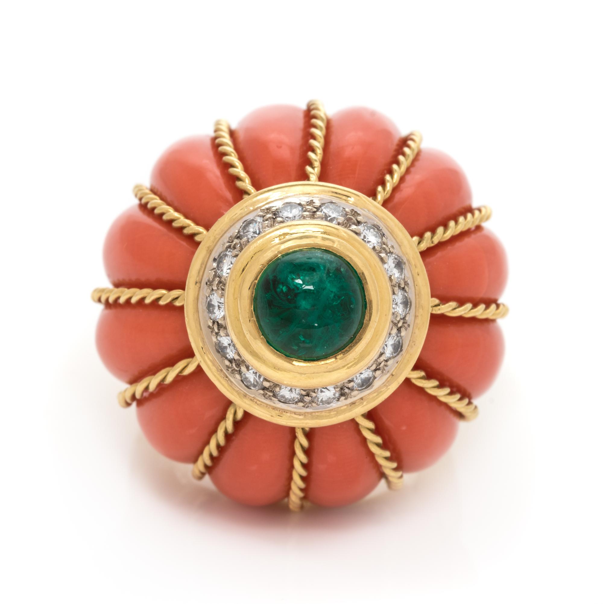 An 18 Karat Yellow Gold, Coral, Emerald and Diamond Bombe Ring, Italian, 20.50 dwts.
