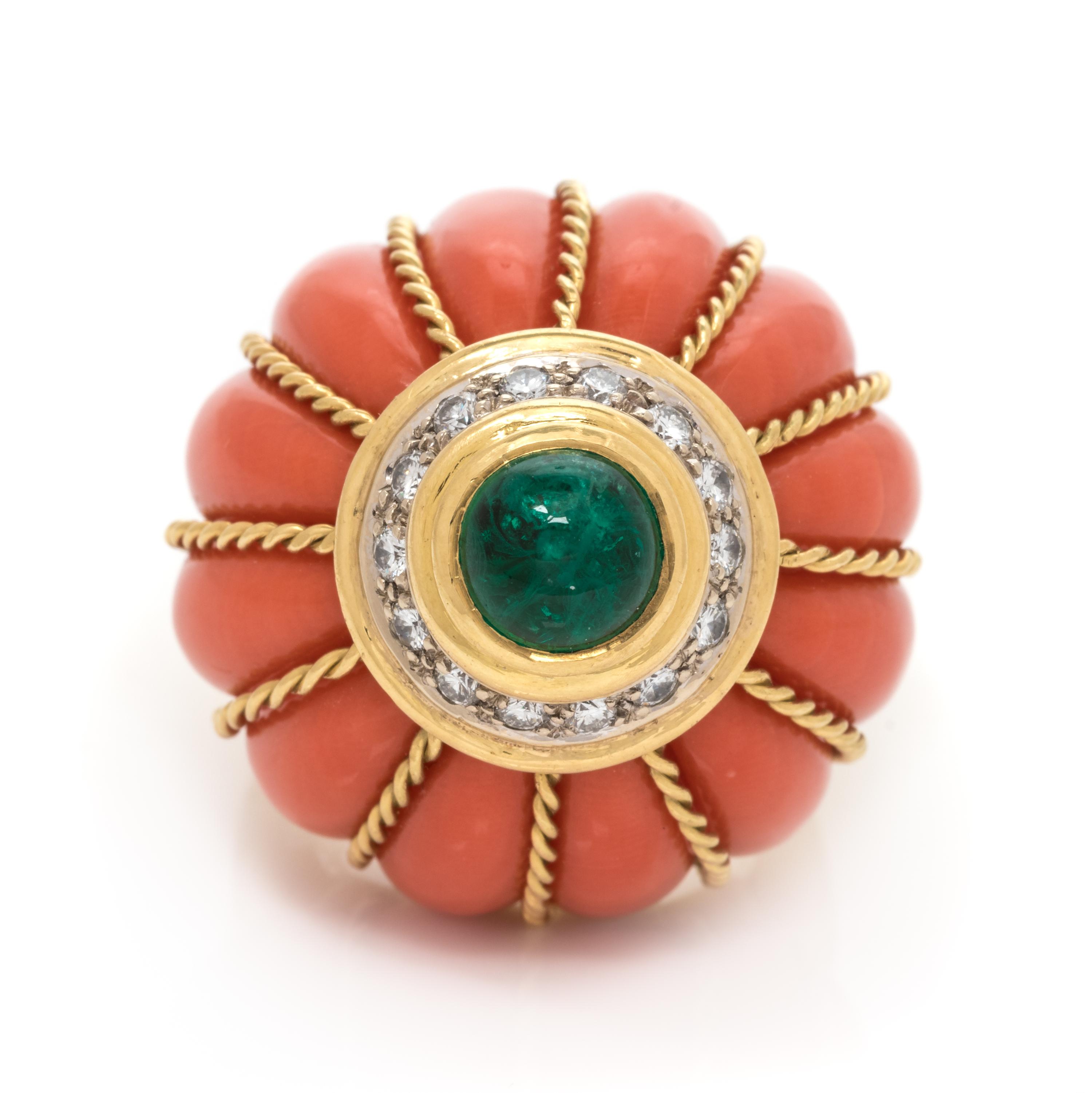 An 18 Karat Yellow Gold, Coral, Emerald and Diamond Bombe Ring, Italian, 20.50 dwts.