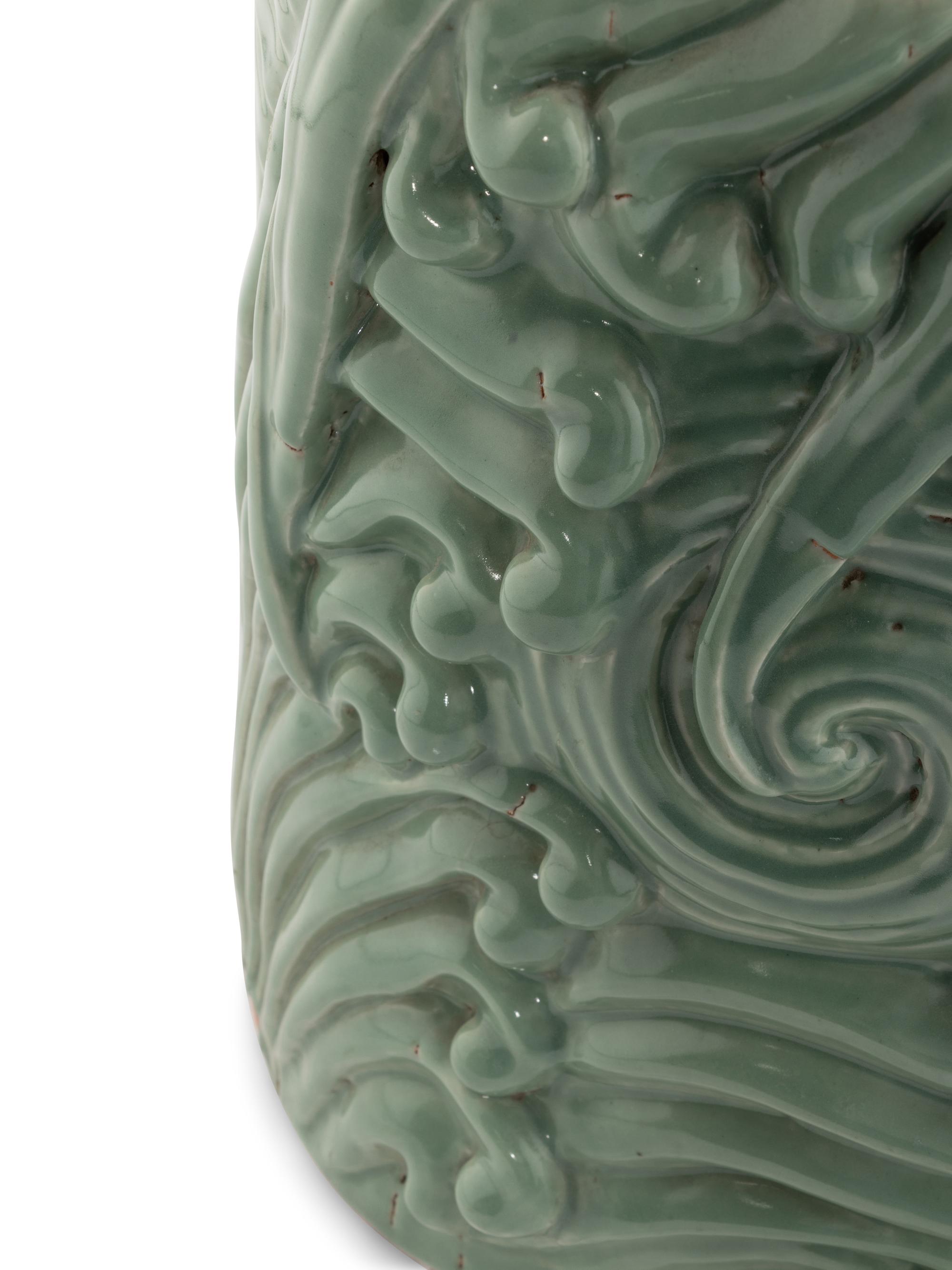 A Large Chinese Celadon Glazed Porcelain Figure of Damo
