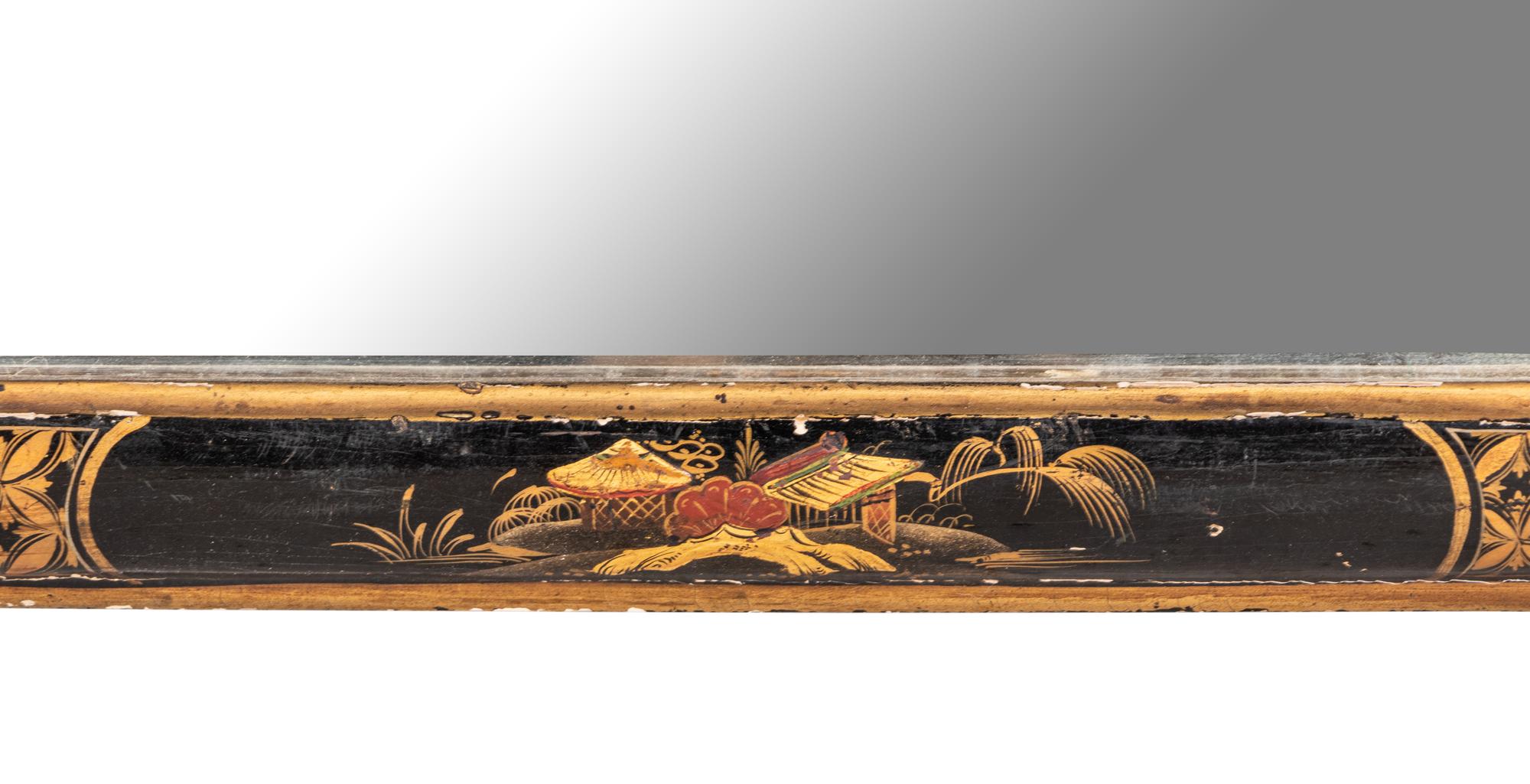 A Pair of Queen Anne Style Black Lacquer and Parcel Gilt Mirrors