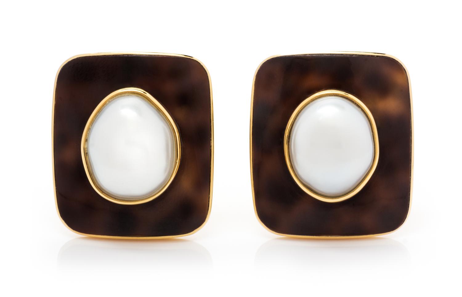 A Pair of 18 Karat Yellow Gold, Cowry Shell and Cultured Pearl Earclips, Trianon, 9.60 dwts.