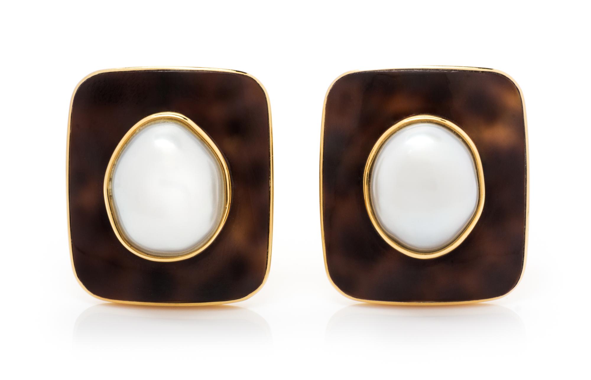 A Pair of 18 Karat Yellow Gold, Cowry Shell and Cultured Pearl Earclips, Trianon, 9.60 dwts.