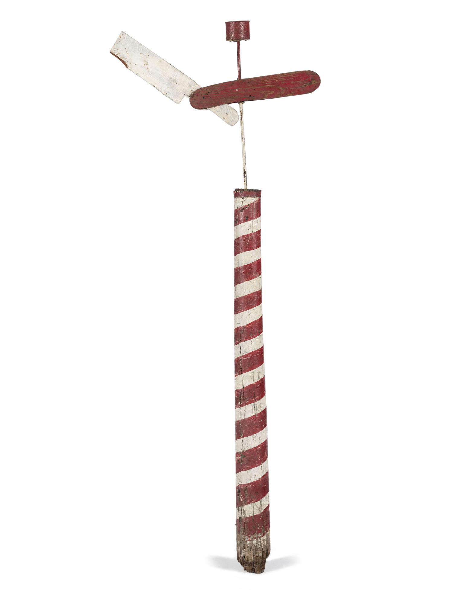 A Paint Decorated Wood Barber Pole with Straight Razor
