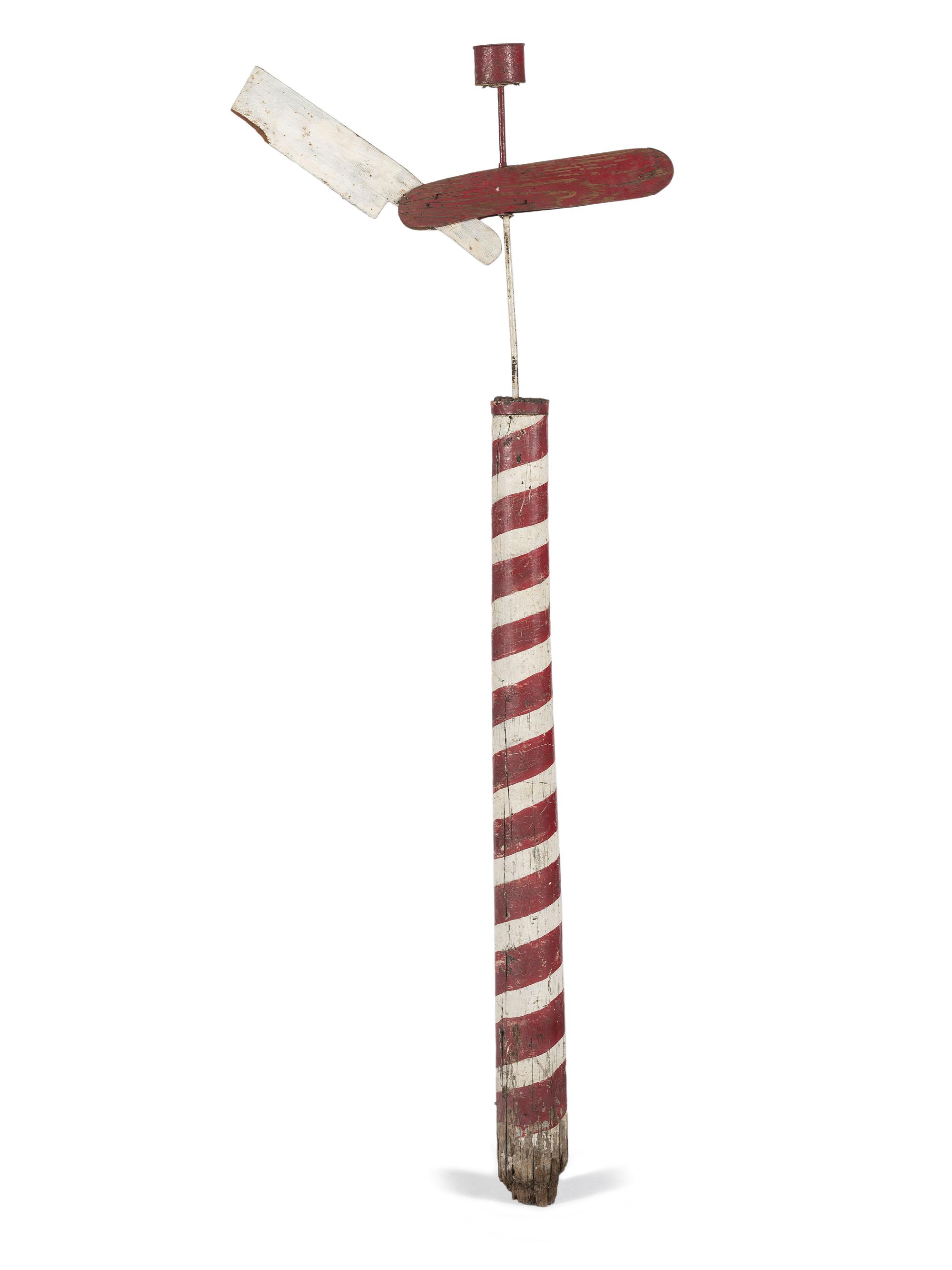 A Paint Decorated Wood Barber Pole with Straight Razor