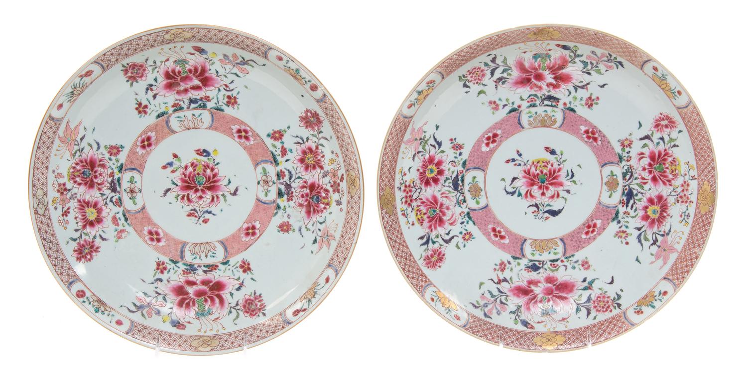 A Pair of Chinese Export Famille Rose Porcelain Chargers Diameter 14 inches. — 18TH CENTURY