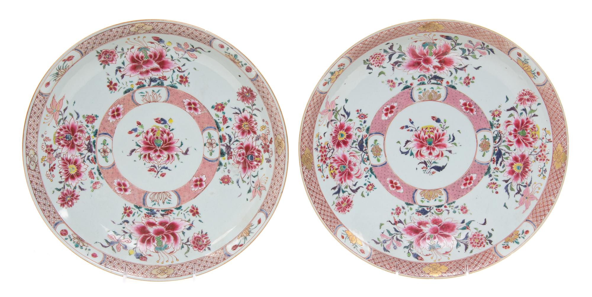 A Pair of Chinese Export Famille Rose Porcelain Chargers Diameter 14 inches. — 18TH CENTURY