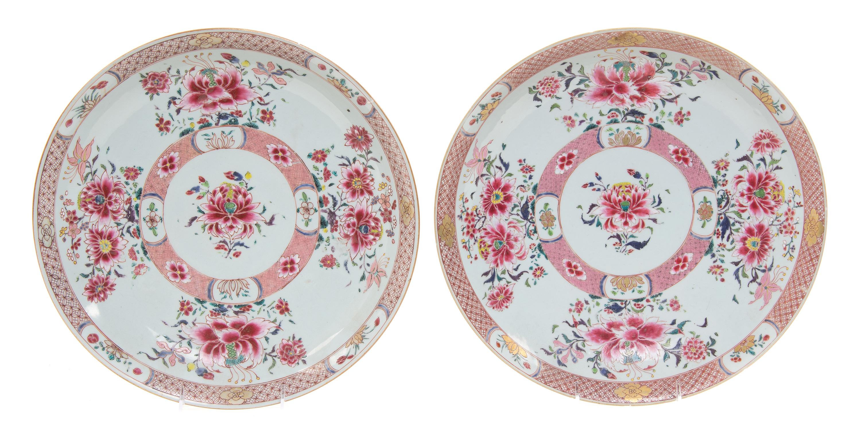A Pair of Chinese Export Famille Rose Porcelain Chargers Diameter 14 inches. — 18TH CENTURY