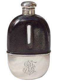 A Silver and Leather Flask, Thomas Jenkins of London 3" W x 1" D x 5.25" H — England, Circa 1812