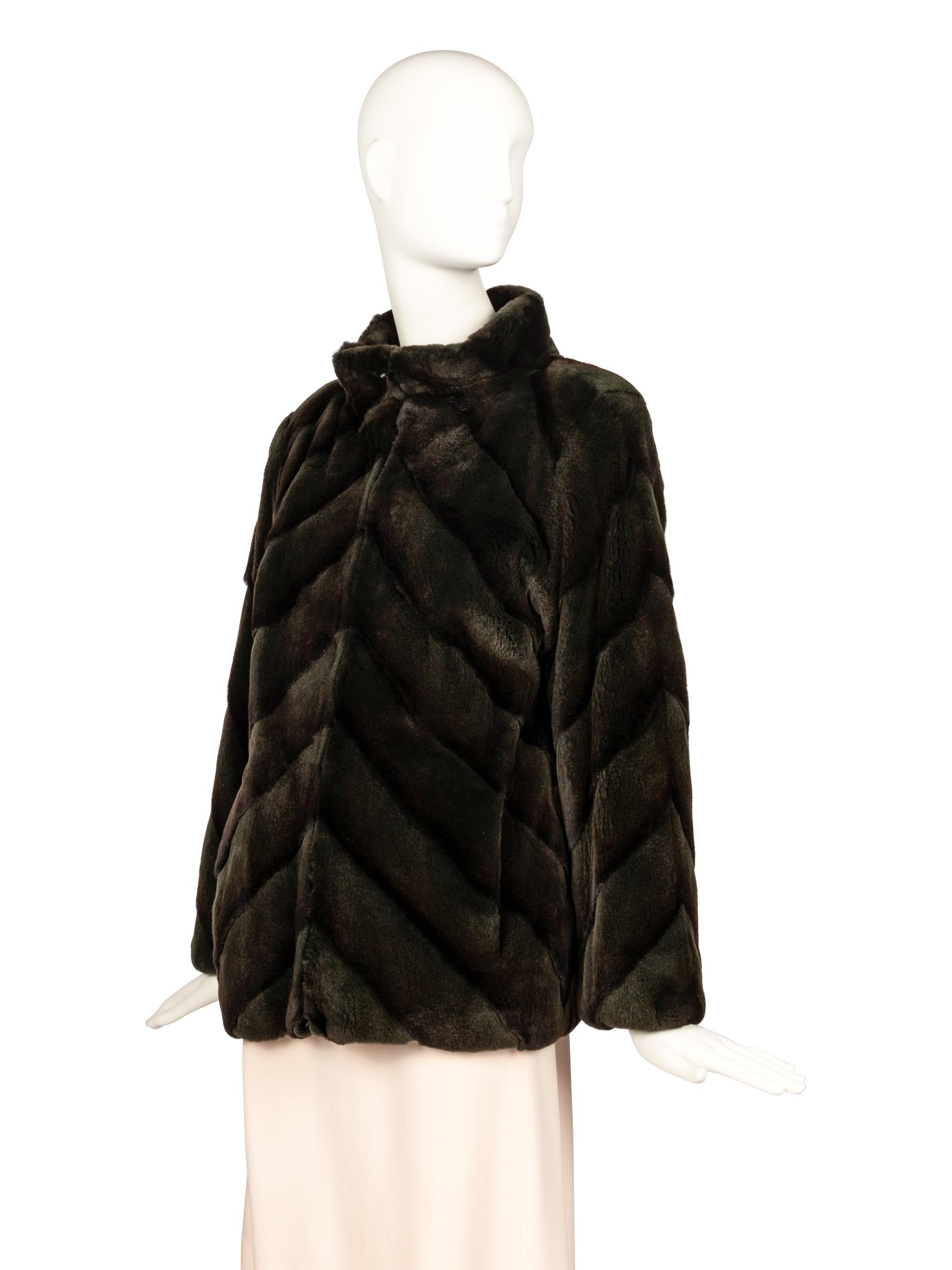 Carolina Herrera Plucked Mink Dark Green Jacket, 1980-90s