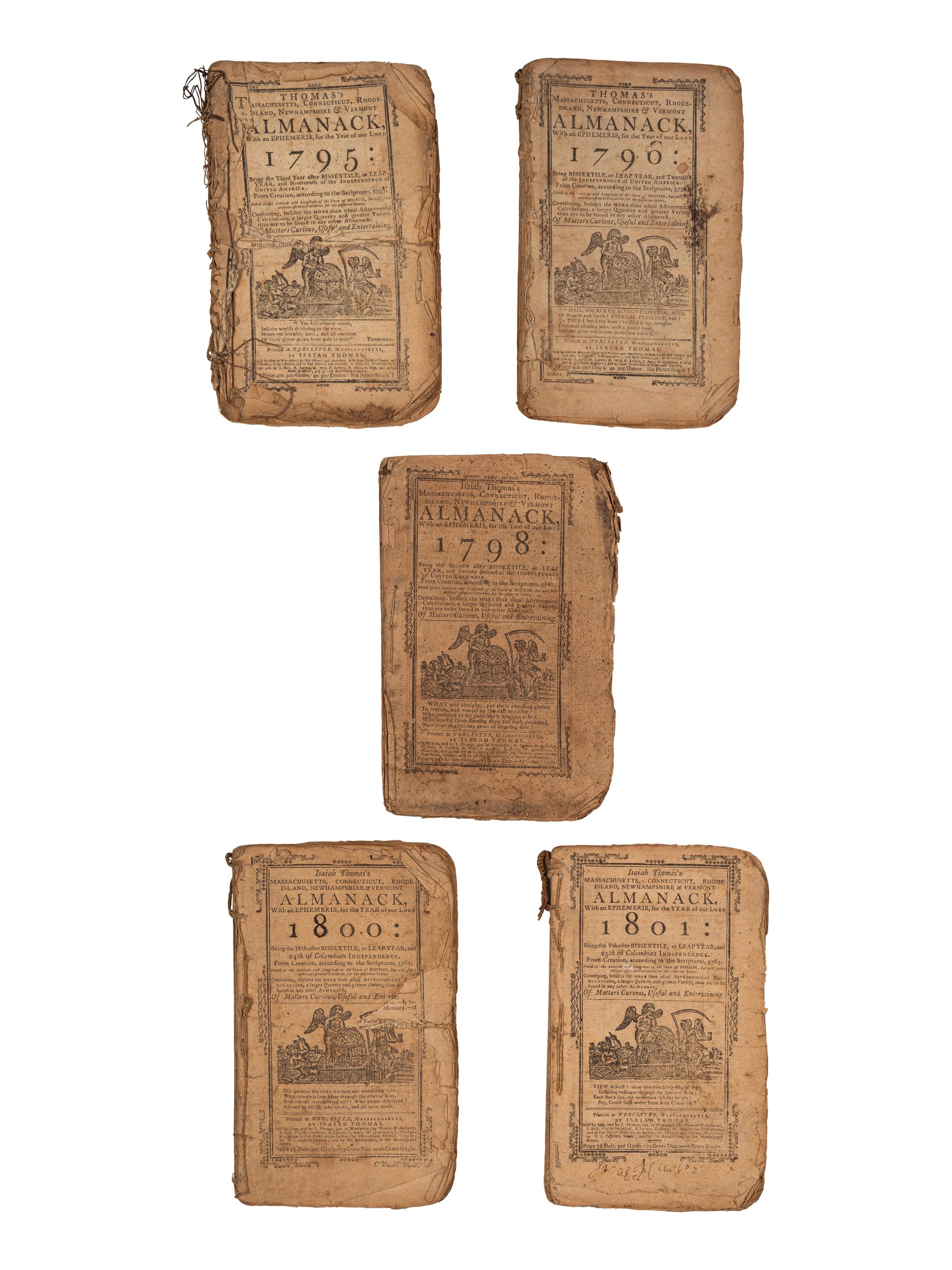 [ALMANAC - WORCESTER, MA]. THOMAS, Isaiah (1749-1831). A group of 5 almanacks, all published in Worcester, Massachusetts by Isaiah Thomas, comprising:
