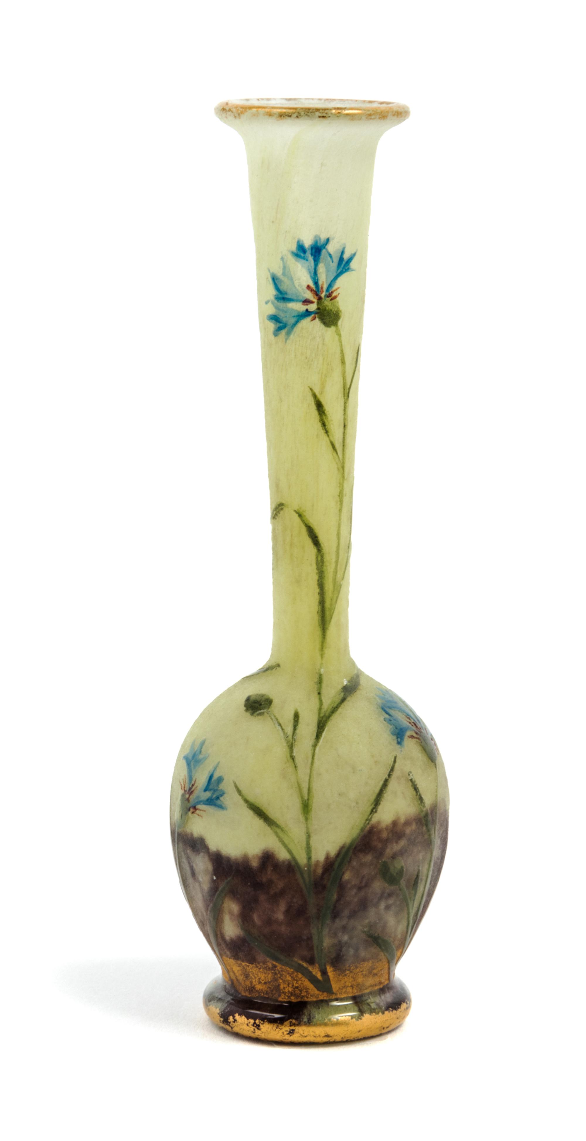 Daum, EARLY 20TH CENTURY, a miniature enameled cameo glass cabinet vase, of bottle form decorated with flowers in a landscape