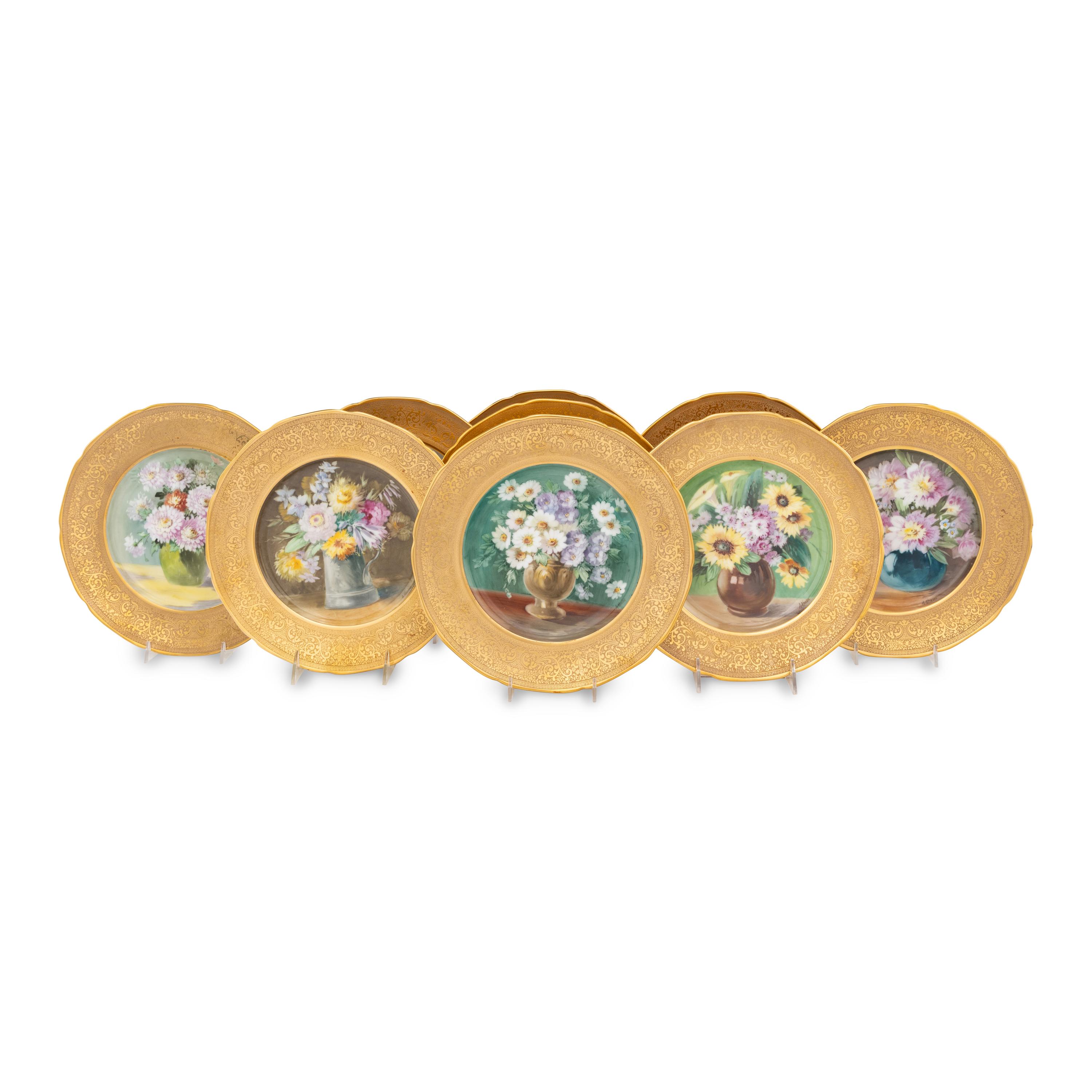 A Set of Sixteen Continental Gilt and Polychrome Painted Cabinet Plates