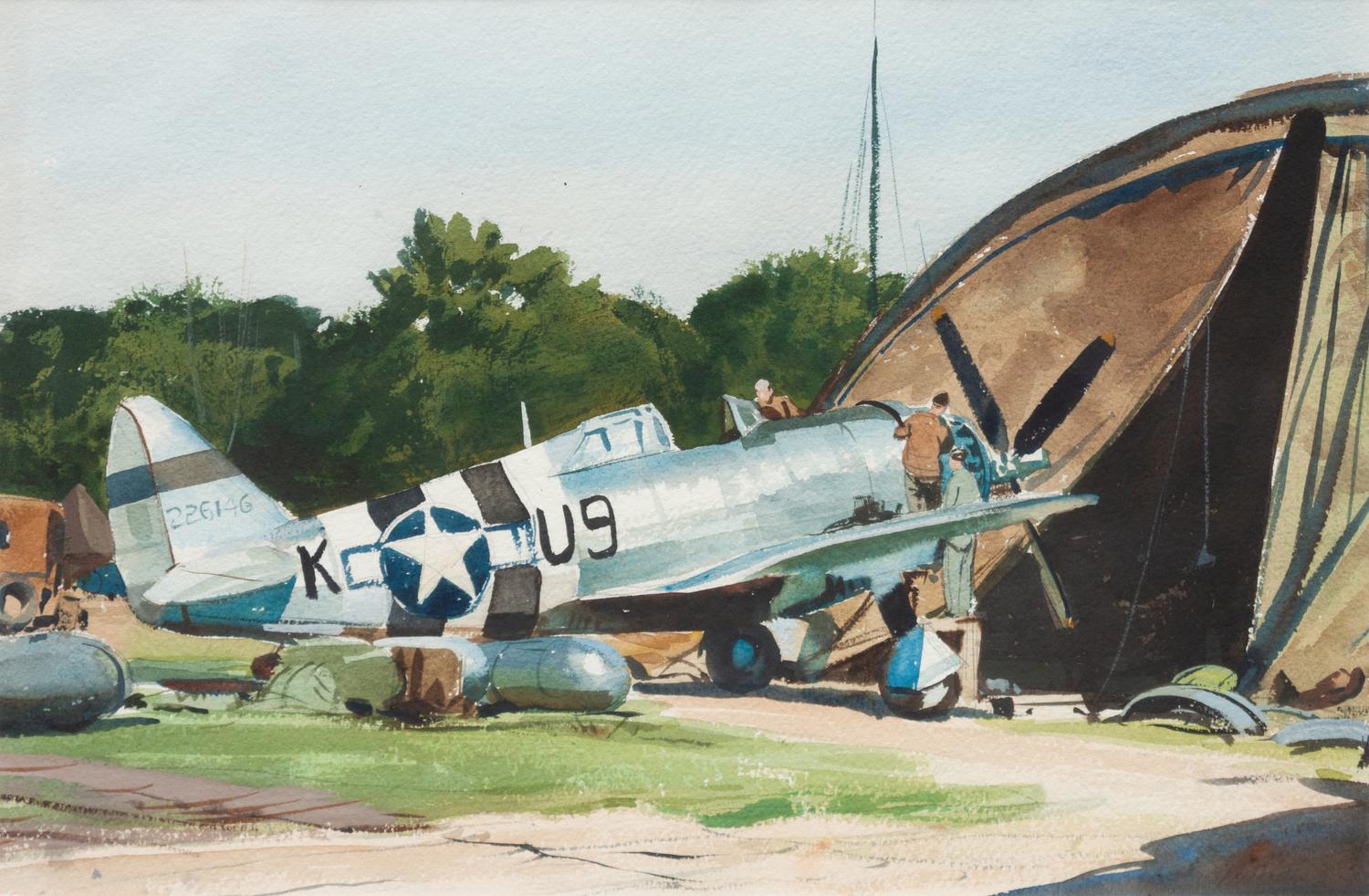 Repairs on Silver P47at End of Blister Hangar