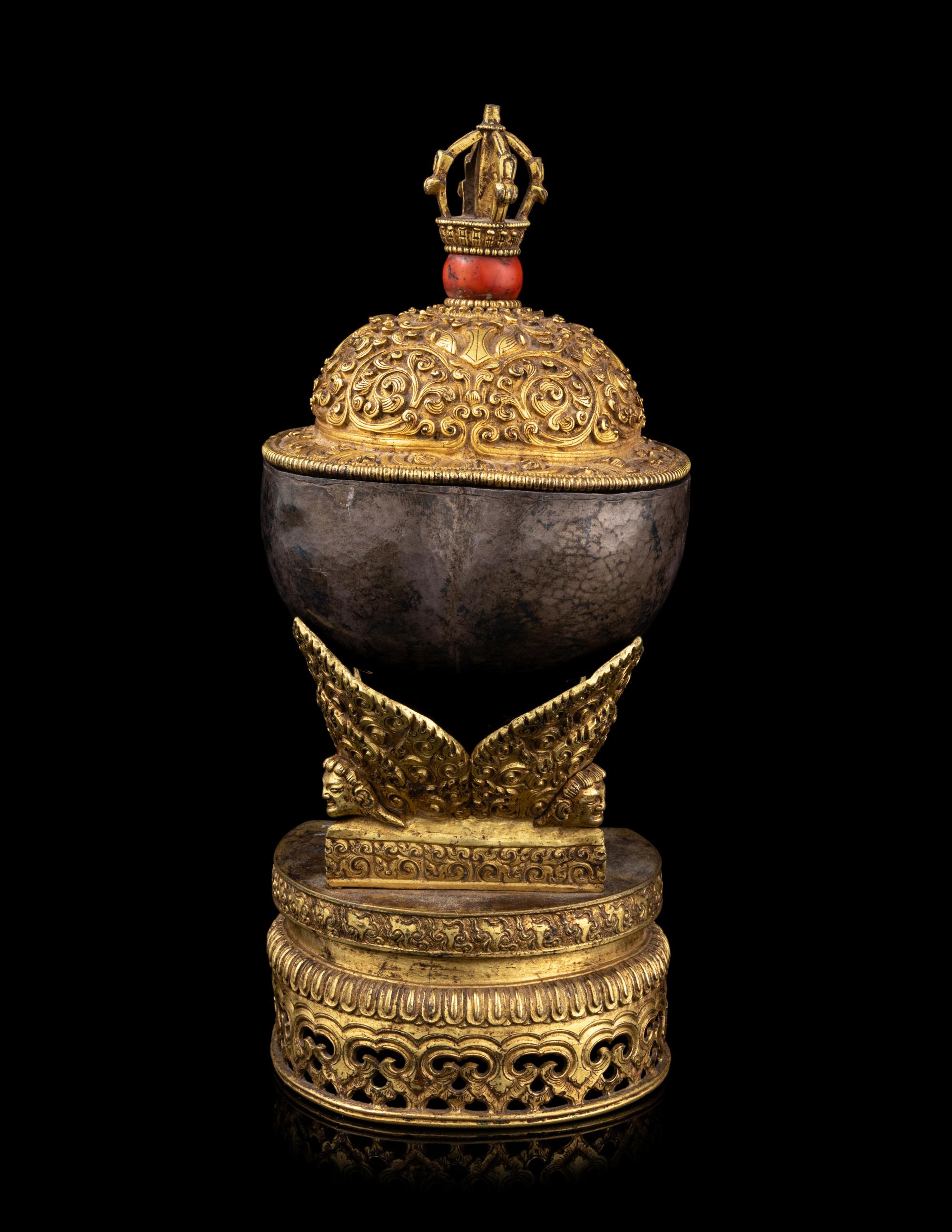 A Tibetan Coral Inset Silver and Gilt Bronze Kapala Bowl
