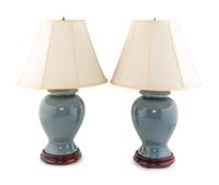 A Pair of Blue Glazed Porcelain Lamps