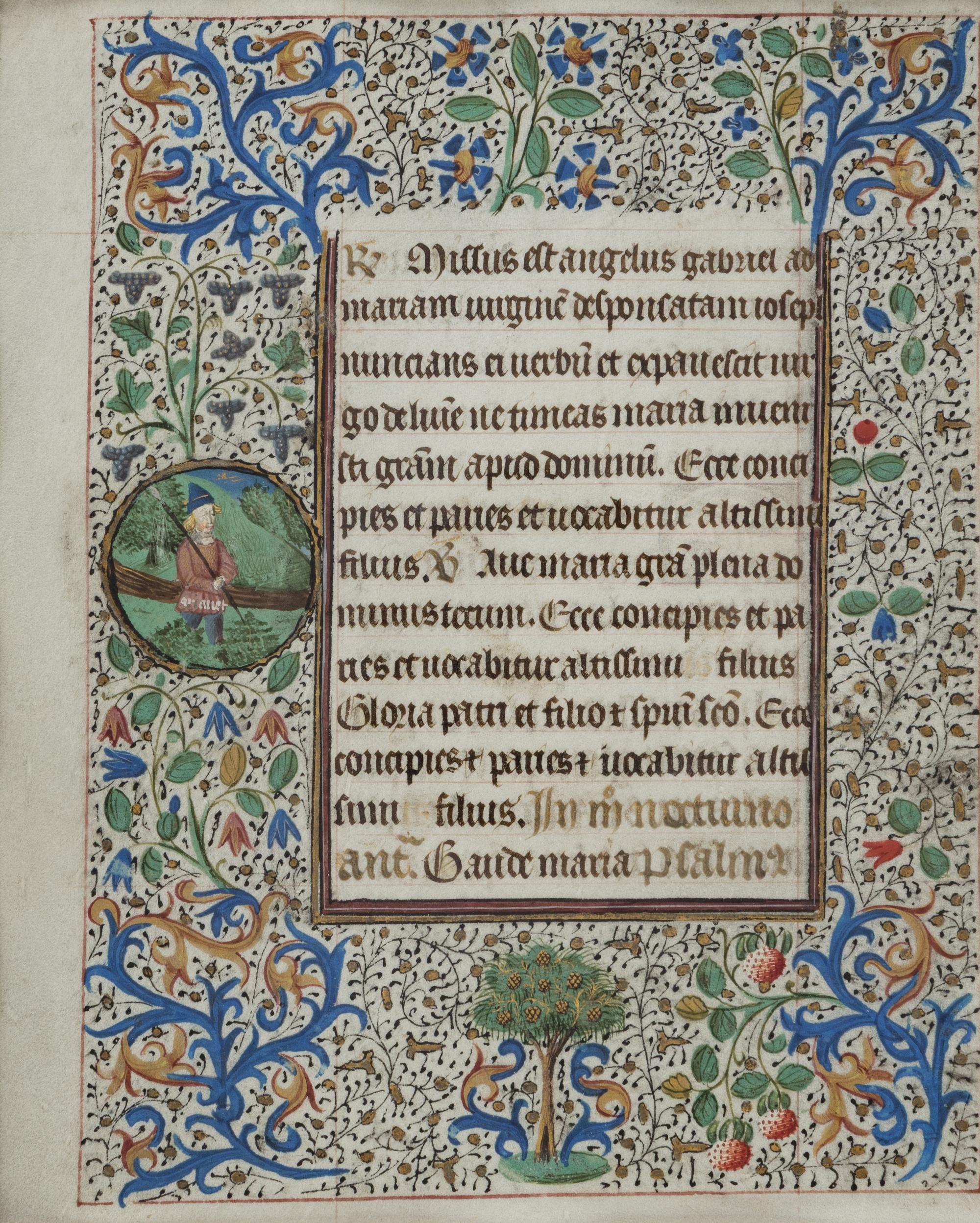 CIRCLE OF THE MASTER OF COËTIVY (COLIN D’AMIENS) (active Paris, c. 1450-1485) A leaf from the “Alexis Hours,” including two roundels with scenes from the Life of Saint Alexius, illuminated manuscript on parchment, in Latin [France, Paris, ca. 1460–1470]
