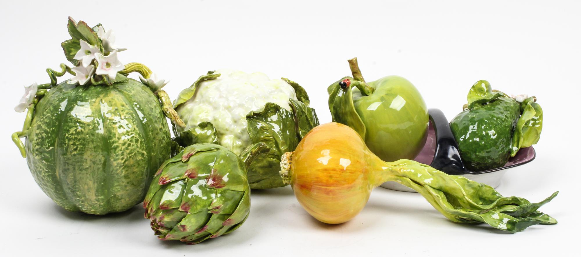 A Collection of Ceramic Vegetables Length of onion 9 3/4 inches. — EVA GORDON, 20TH CENTURY