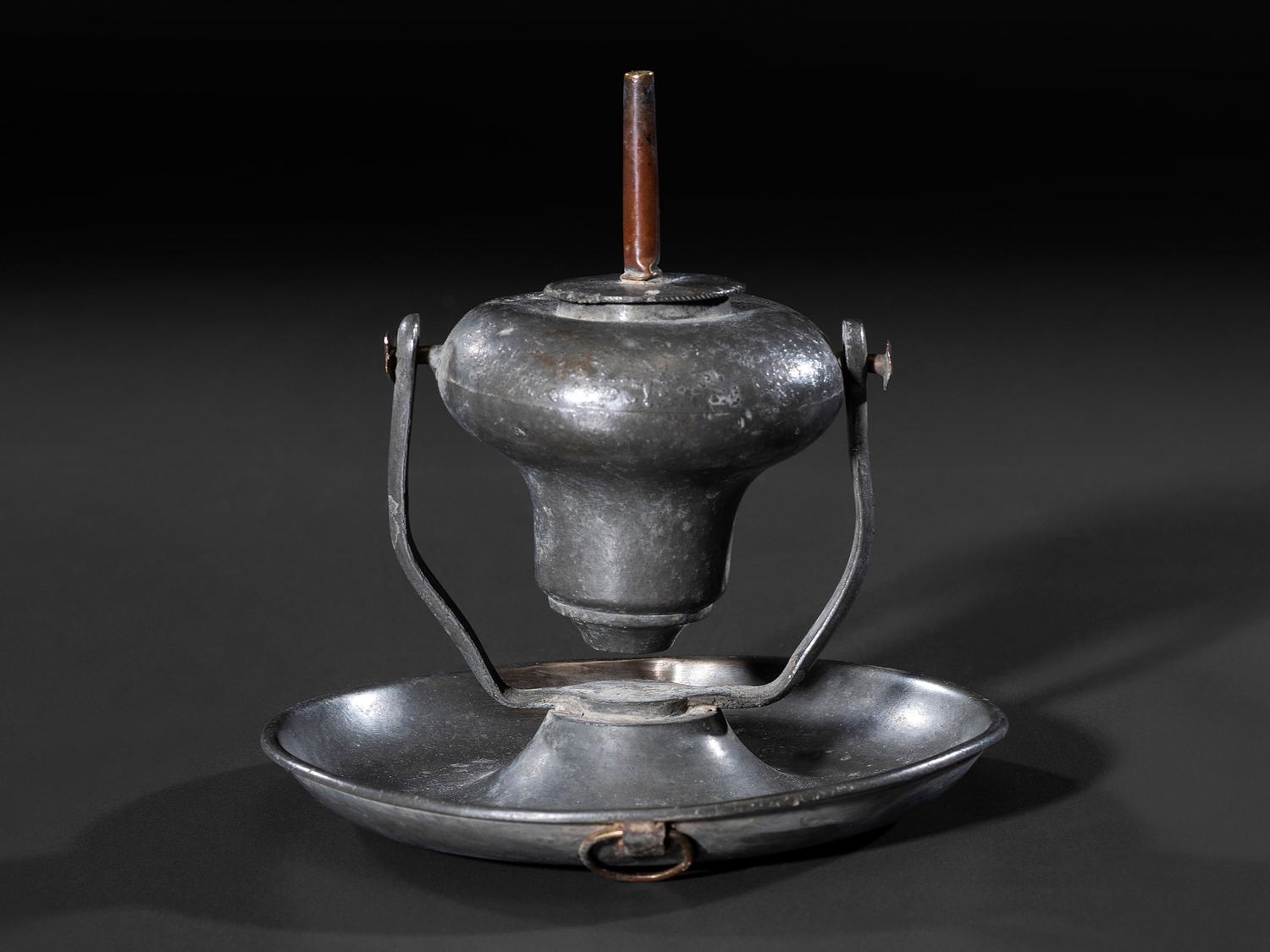 A Pewter Gimbaled Whale Oil Lamp
