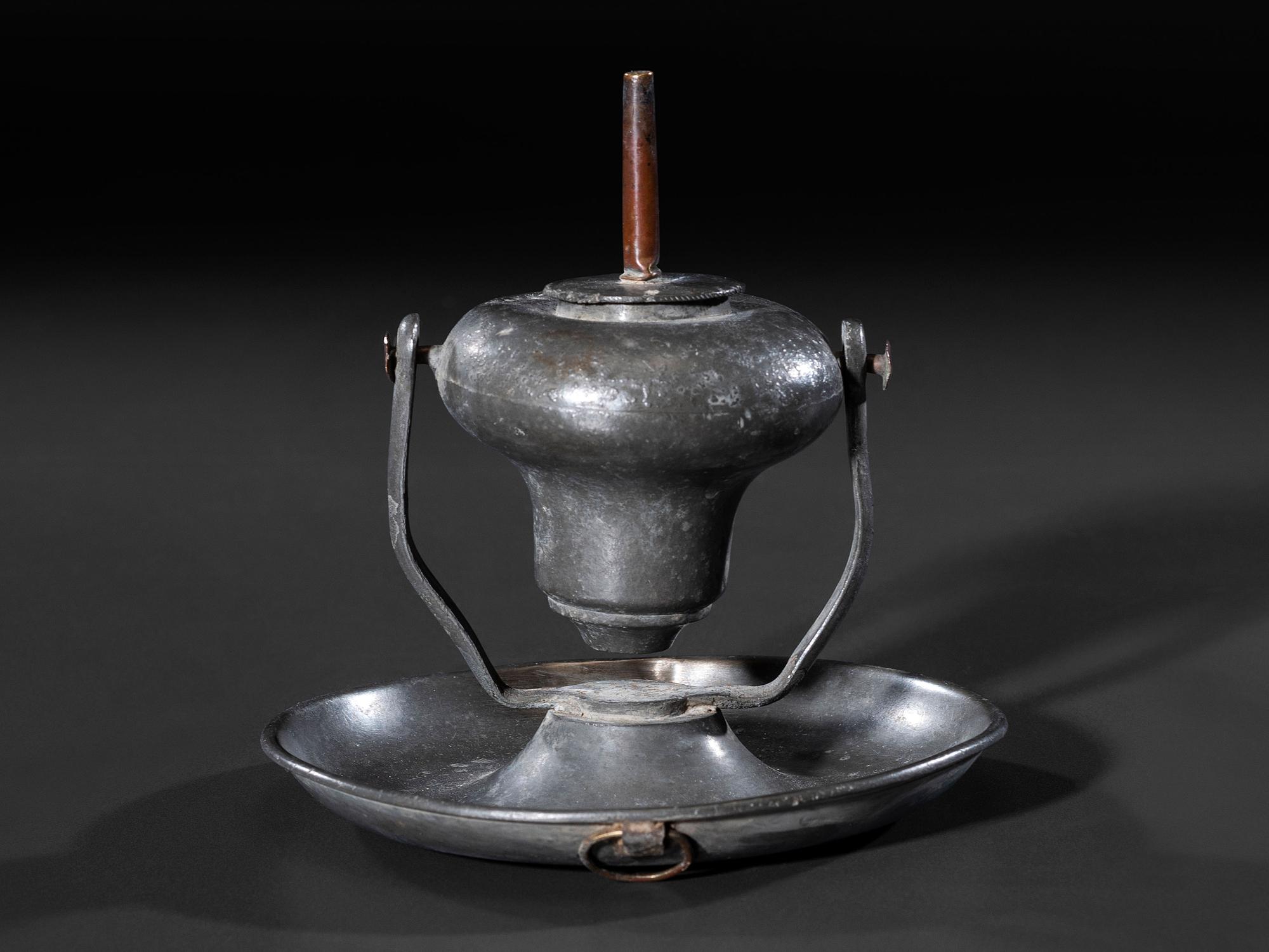A Pewter Gimbaled Whale Oil Lamp