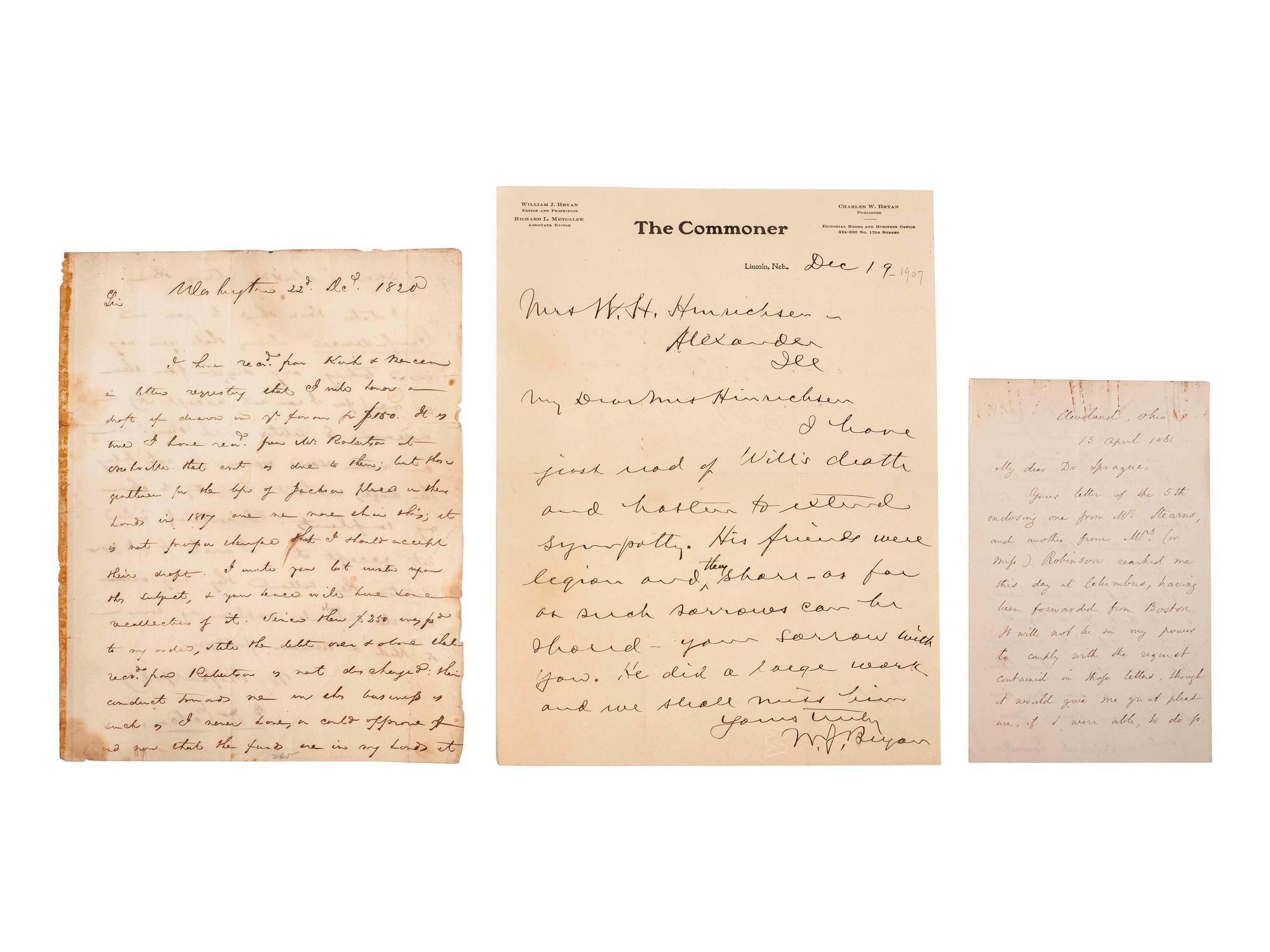 [POLITICS IN AMERICA]. A group of 11 autographed items and ephemera, highlighted by ALsS from John Eaton, Edward Everett, and William Jennings Bryan.
