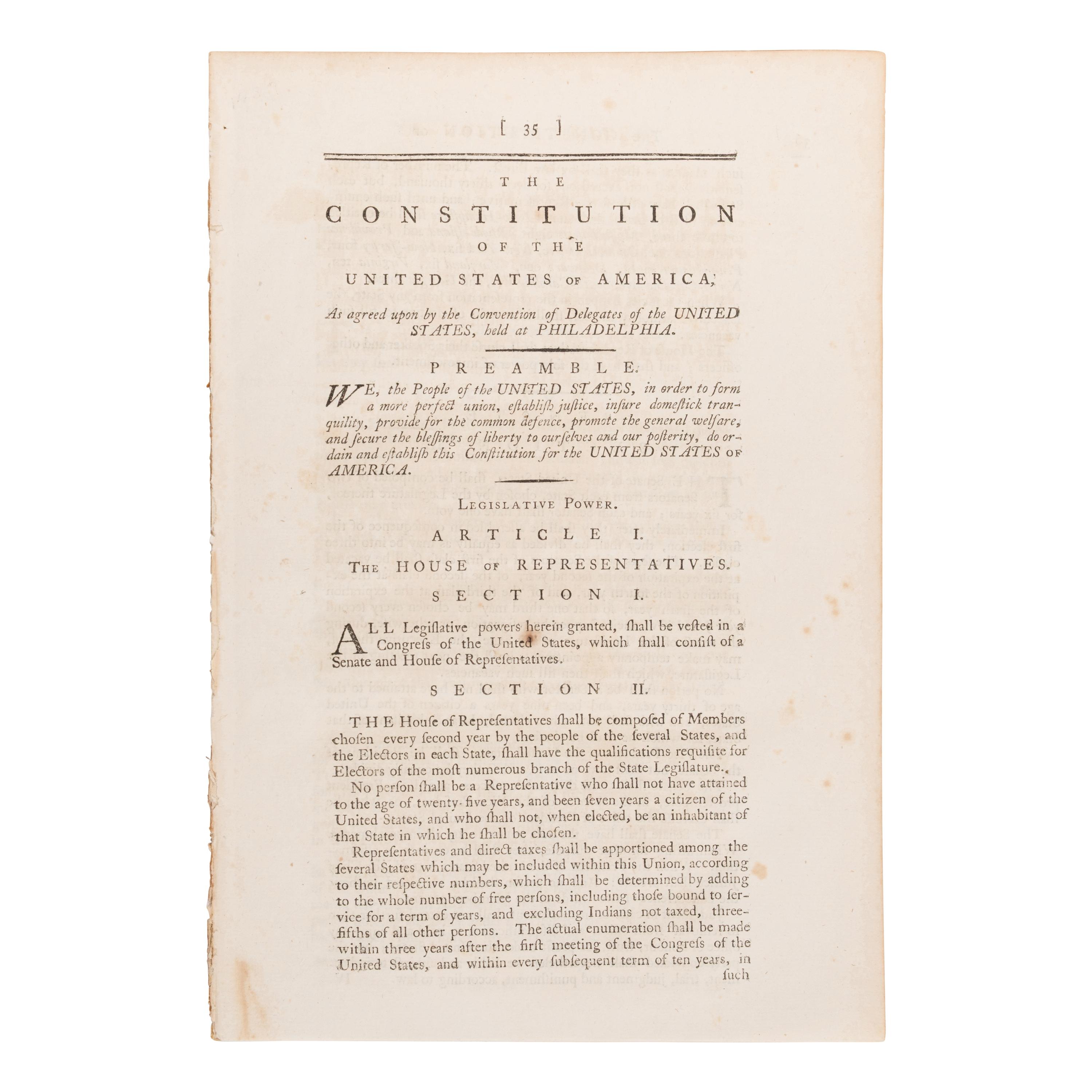 [United States Constitution]. Extracted from a contemporary Philadelphia quarto pamphlet, pp.35-48. N.p., n.p., 27 September 1787.