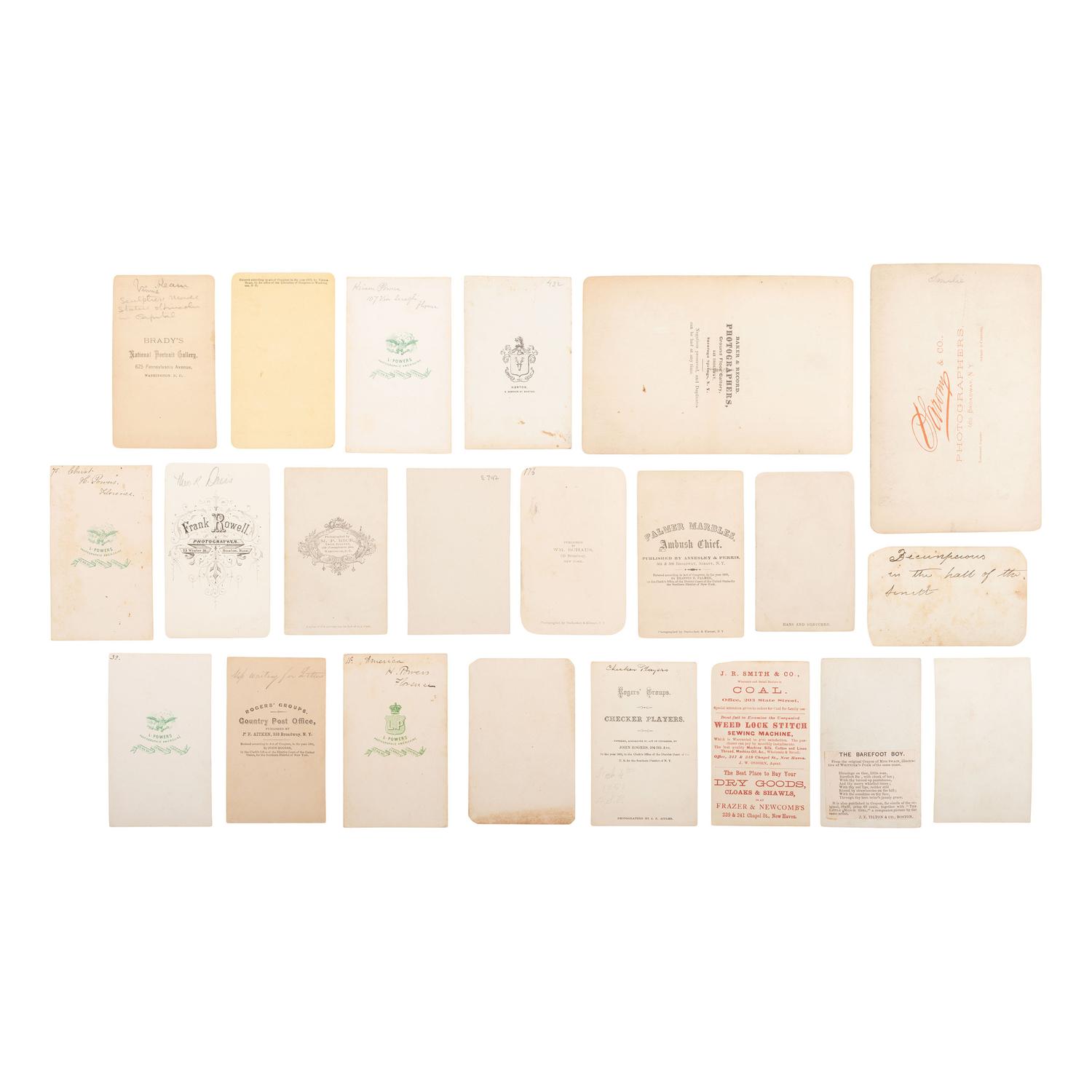 [Early Photography] Group of 22 Carte de Visites and Cabinet Cards of Artists and Works, incl. Hiram Powers