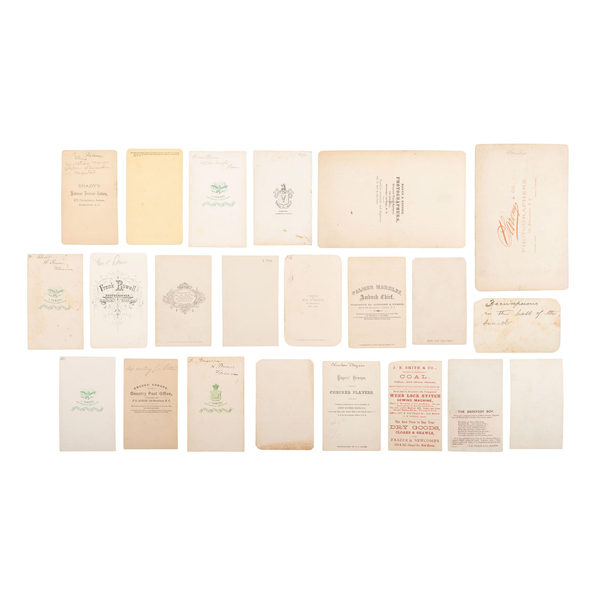 [Early Photography] Group of 22 Carte de Visites and Cabinet Cards of Artists and Works, incl. Hiram Powers
