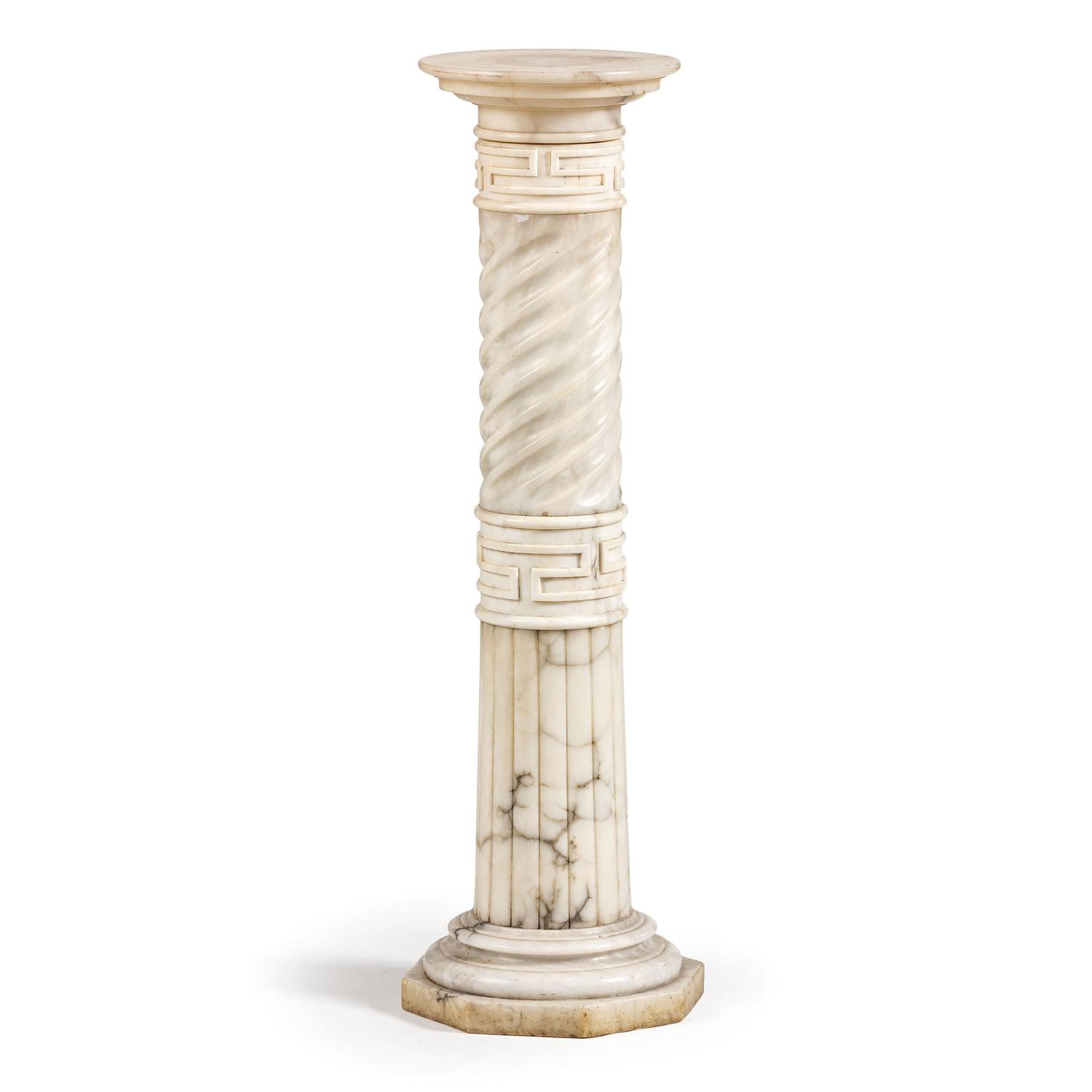An Italian White and Gray Veined Marble Pedestal with Greek Key Design