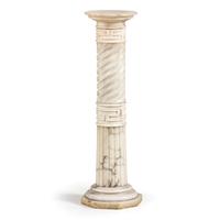 An Italian White and Gray Veined Marble Pedestal with Greek Key Design
