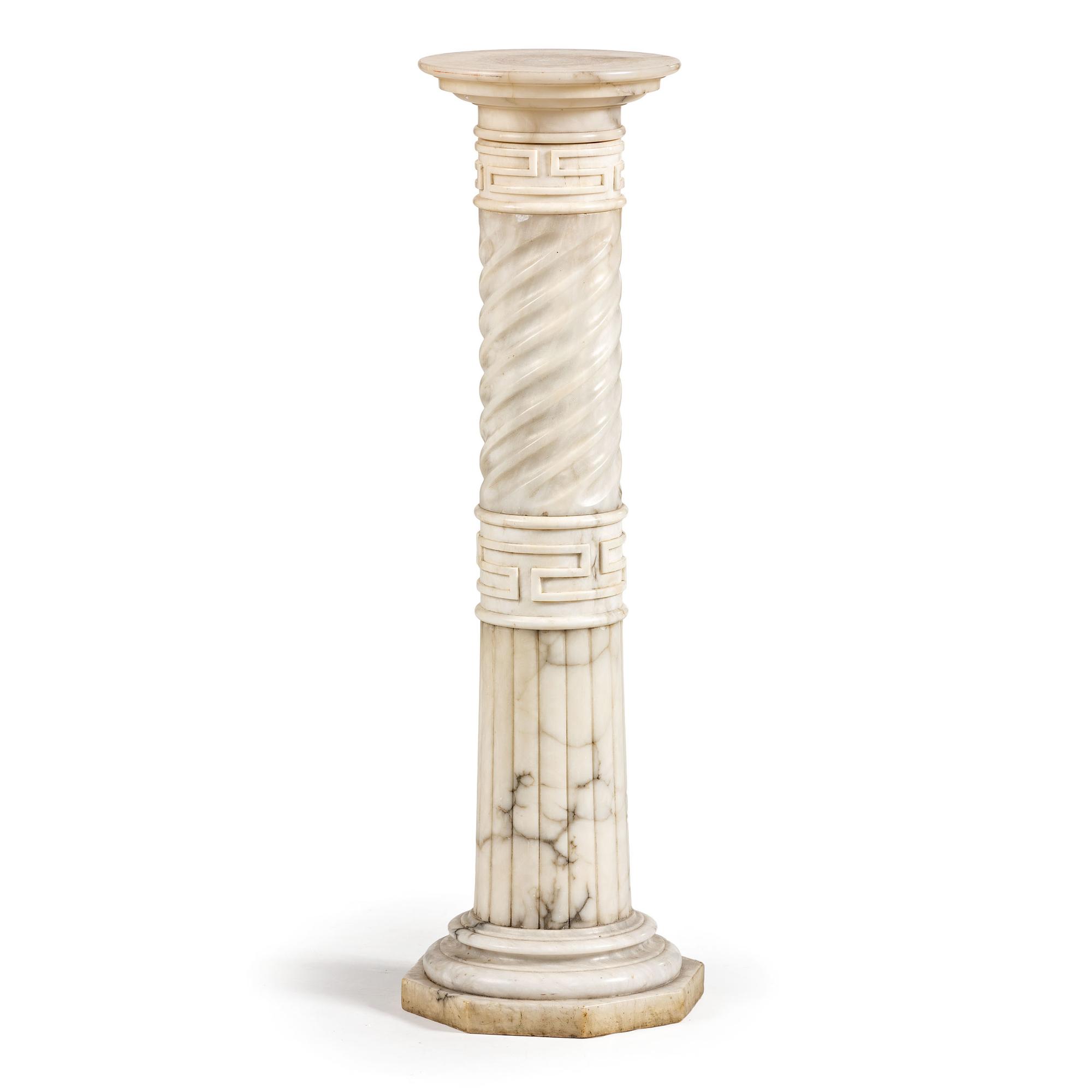 An Italian White and Gray Veined Marble Pedestal with Greek Key Design
