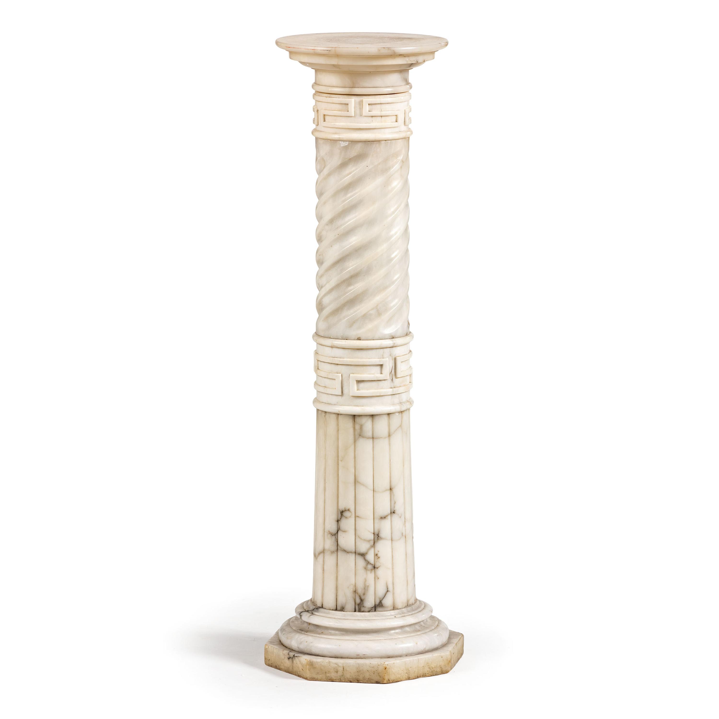 An Italian White and Gray Veined Marble Pedestal with Greek Key Design