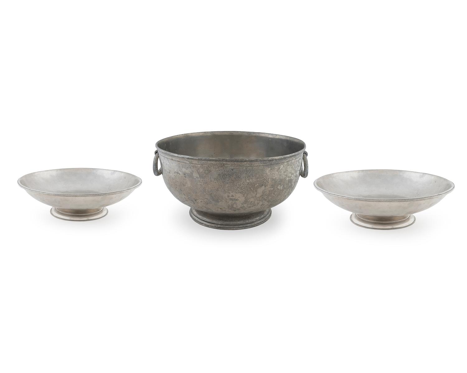 A French Pewter Two-Handled Bowl, a Tray and a Pair of French Pewter Footed Bowls — 19TH CENTURY