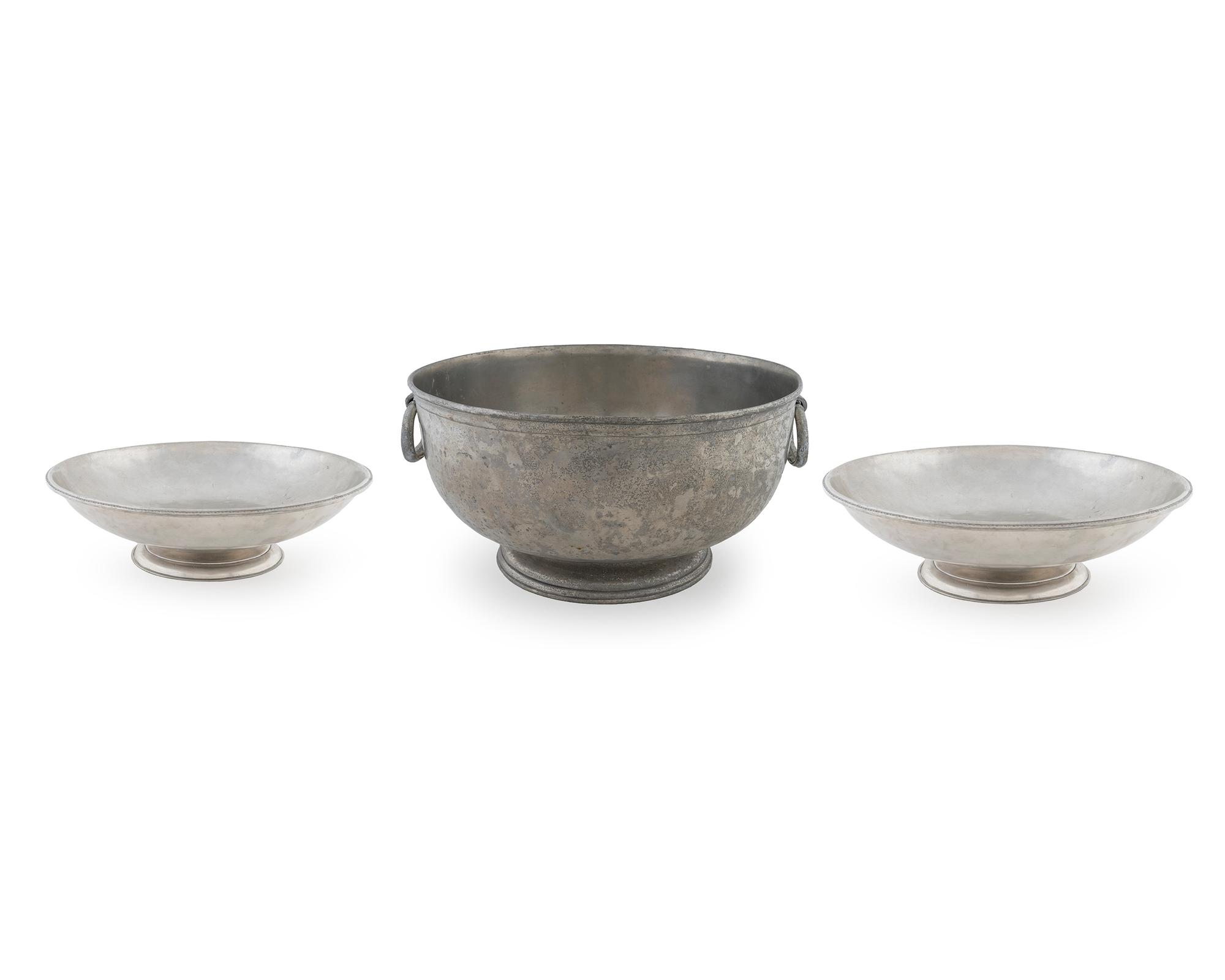 A French Pewter Two-Handled Bowl, a Tray and a Pair of French Pewter Footed Bowls — 19TH CENTURY