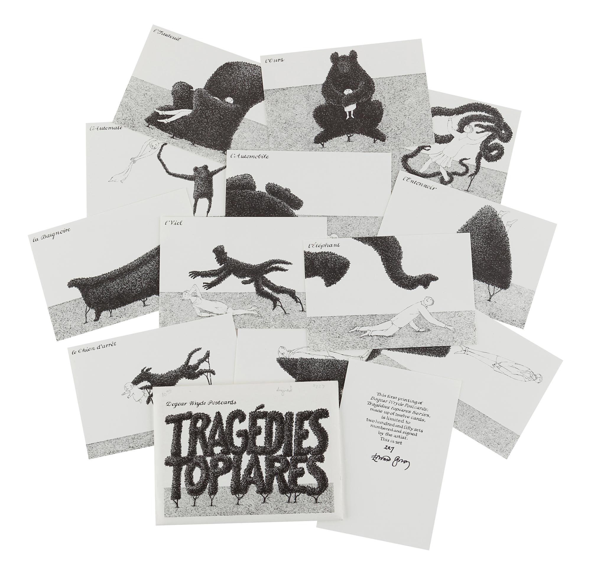 GOREY, Edward (1925-2000). Dogear Wryde Postcards: Tragedies Topiares Series. [New York]: n.p., 1989.