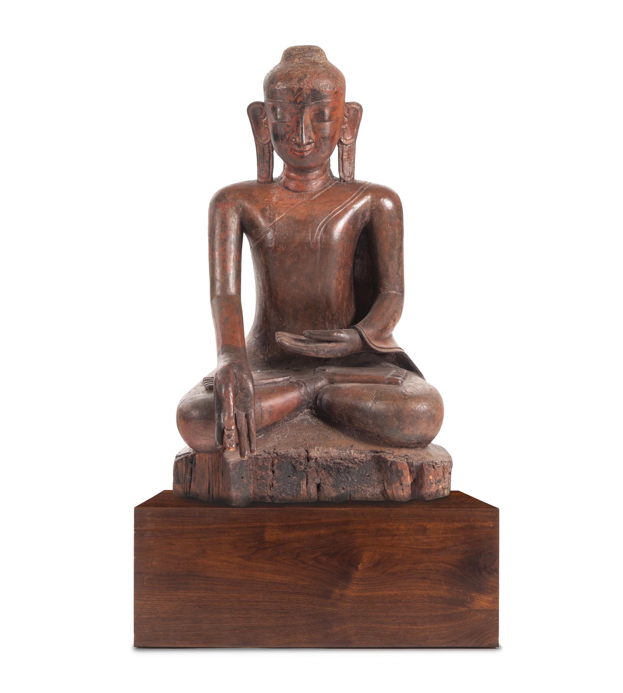 A Burmese Carved Wood Figure of Seated Buddha