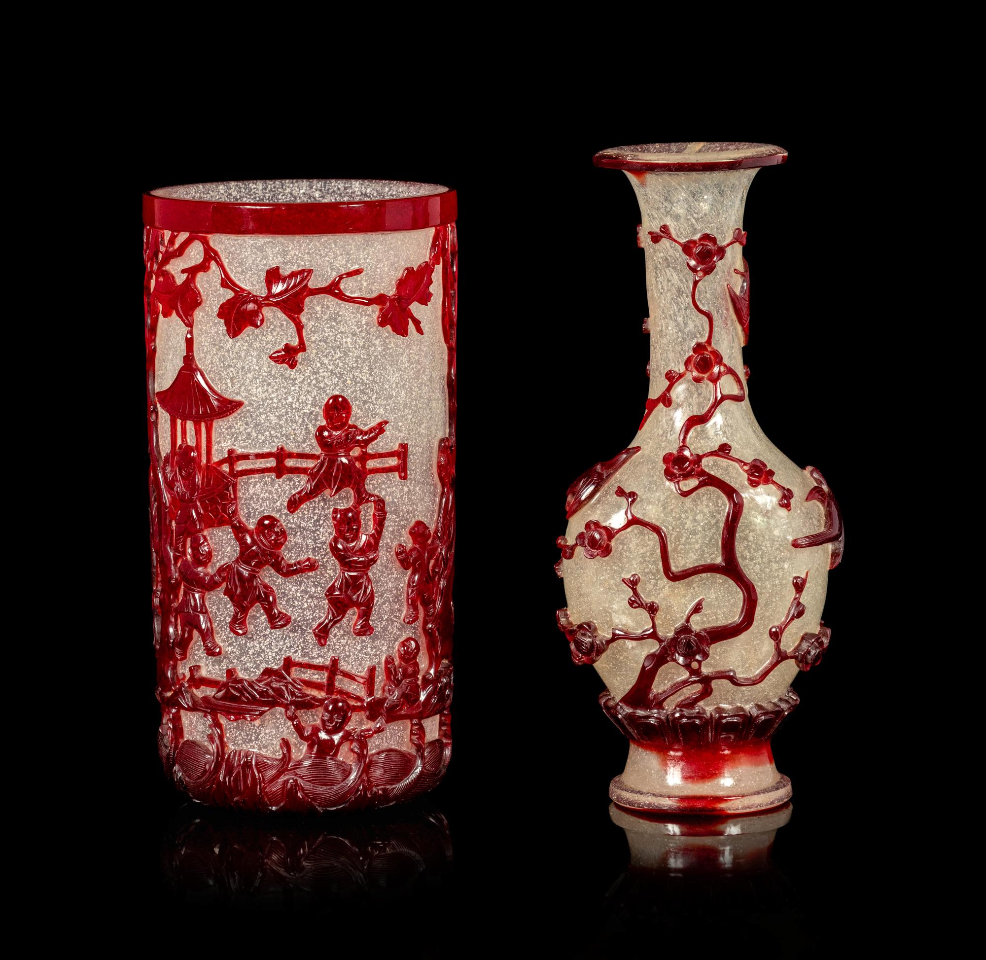 Two Chinese Ruby-Red Overlay Snowflake Ground Glass Vessels