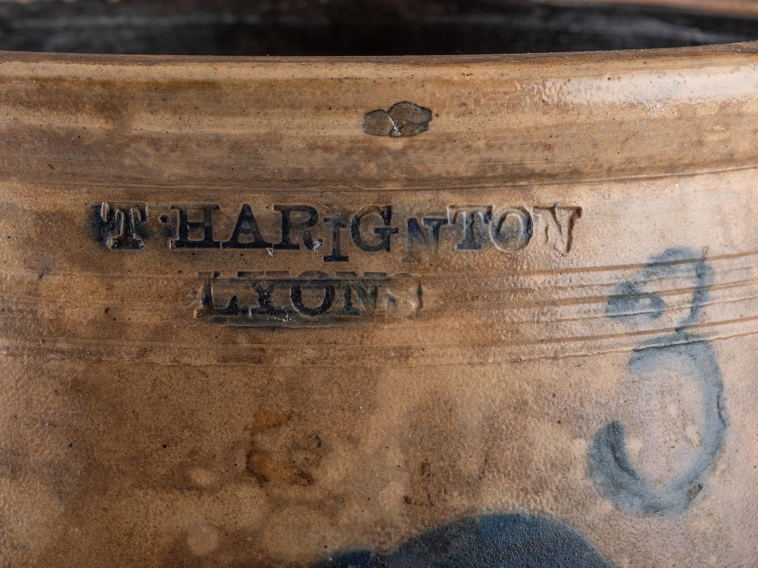 A Thompson Harrington Cobalt Decorated Three-Gallon Stoneware Crock