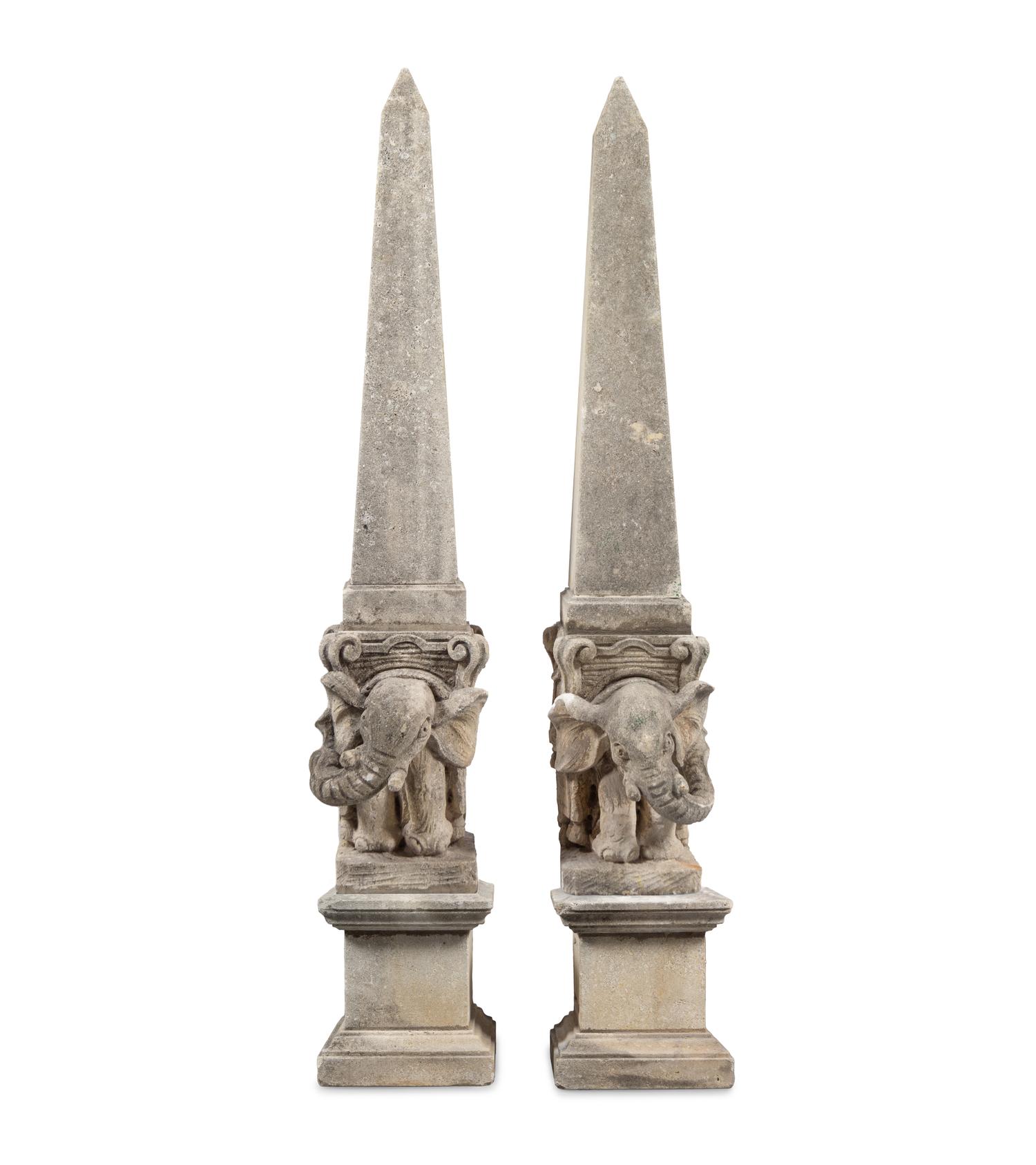 A Pair of Large Cast Stone Elephant Obelisks